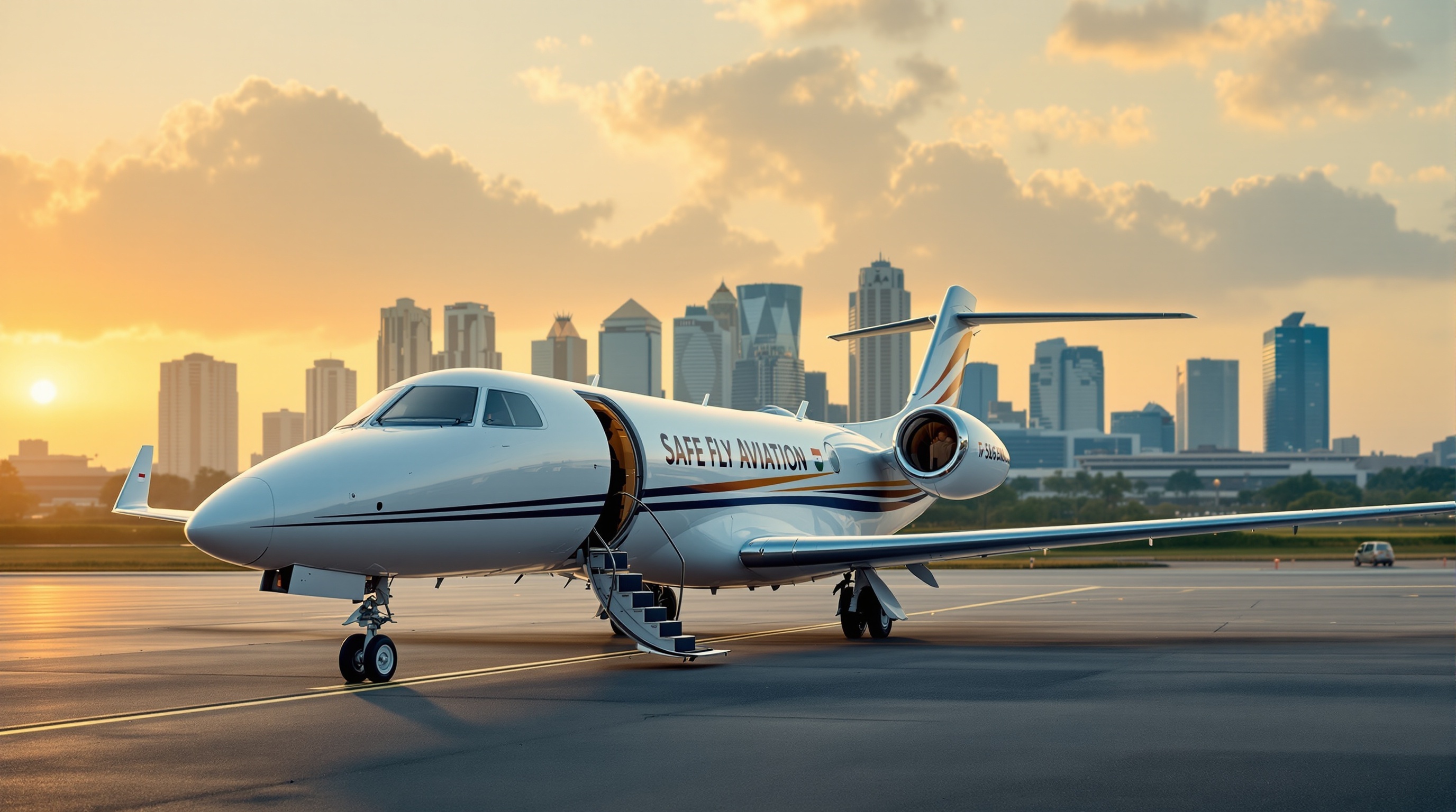 Luxury private jet at Delhi airport with modern skyline