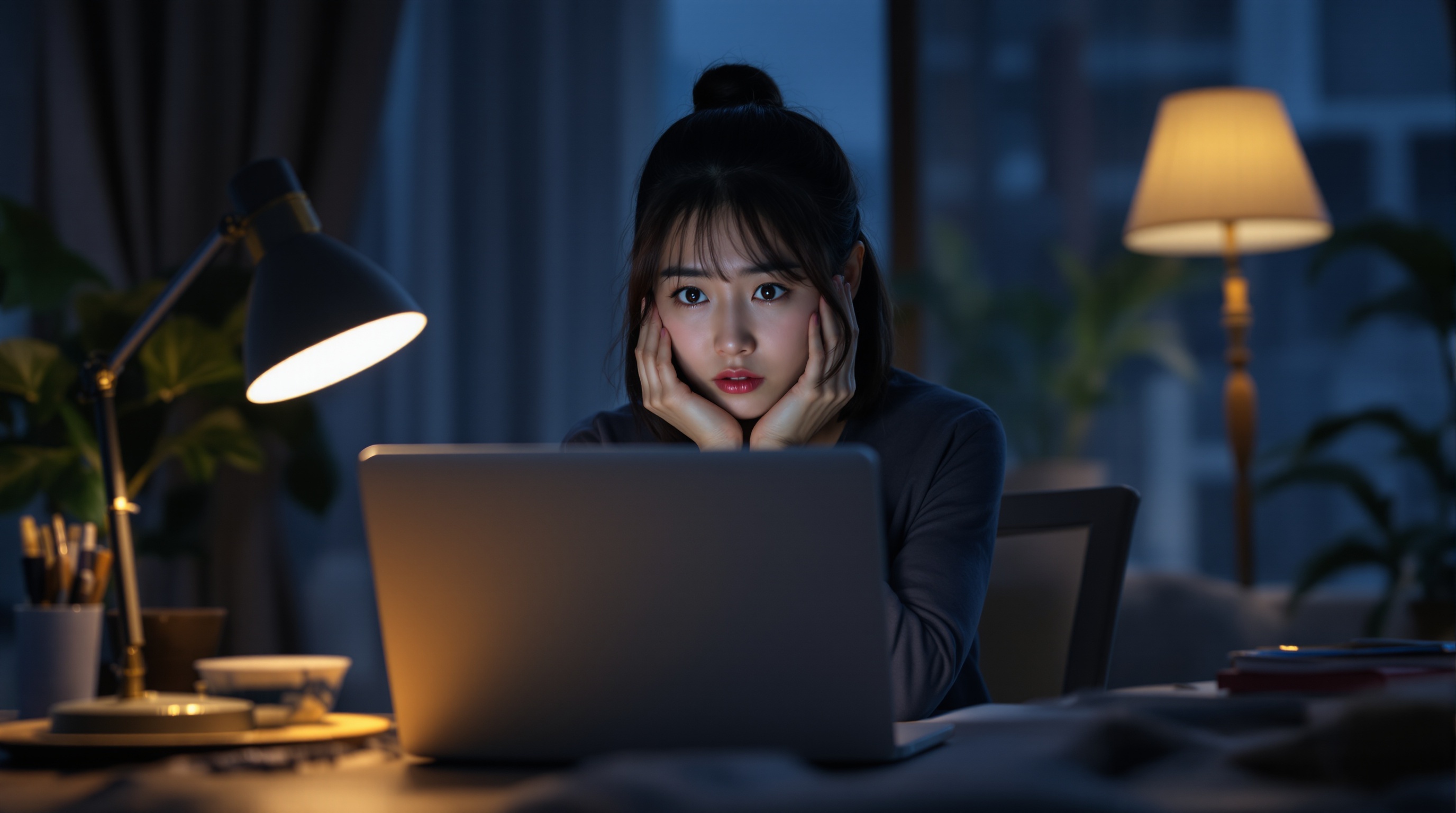 ノートパソコンの前で悩んでいる女性