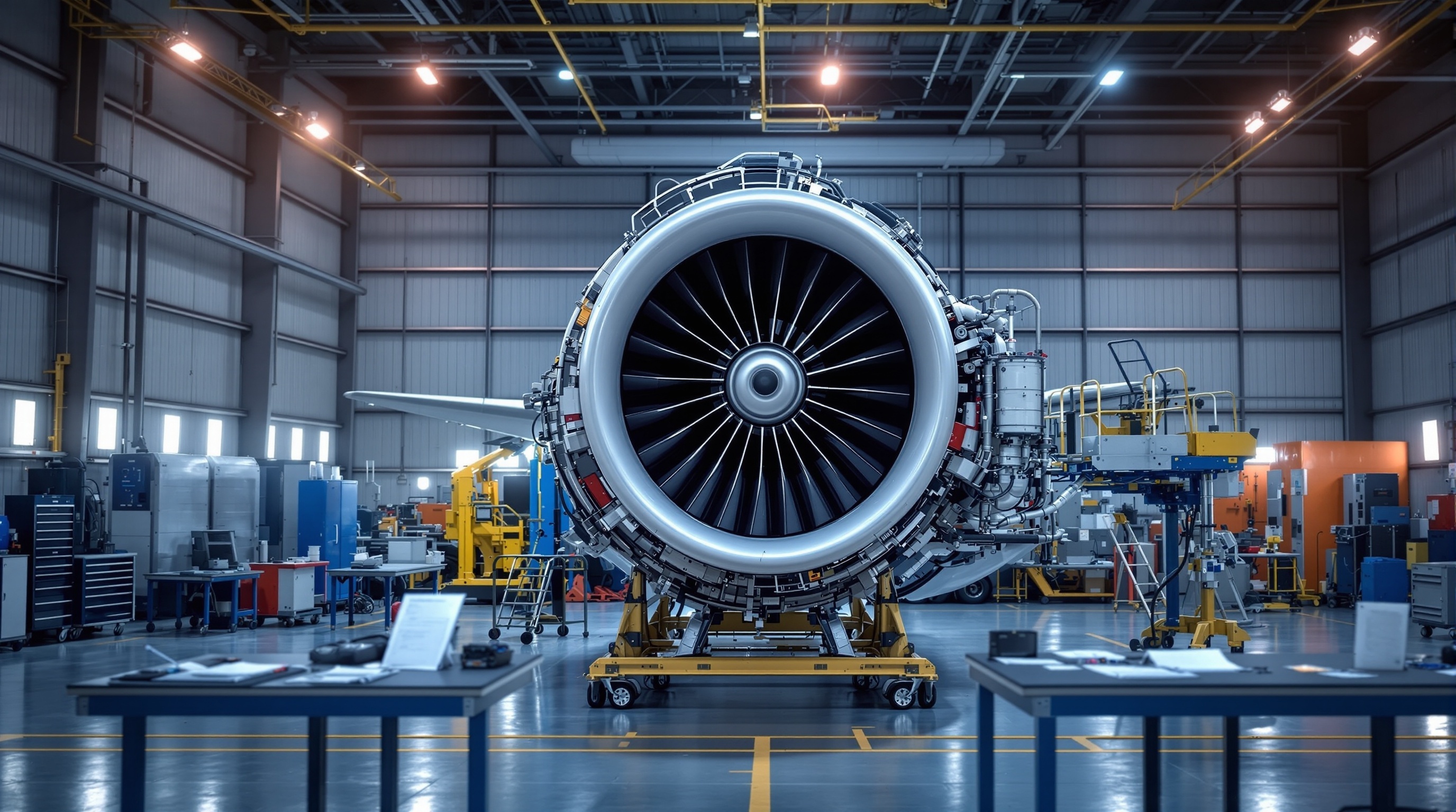 Professional jet engine in modern maintenance hangar with inspection equipment and documentation