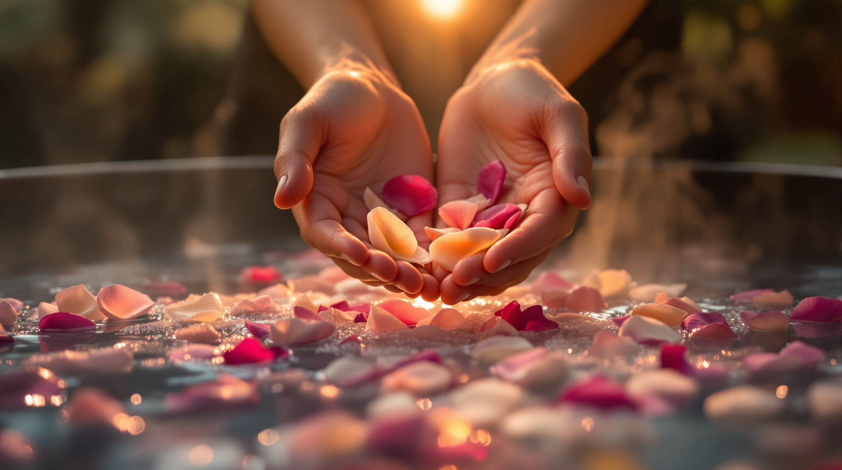 花びらを温泉に浮かべる手放しの儀式