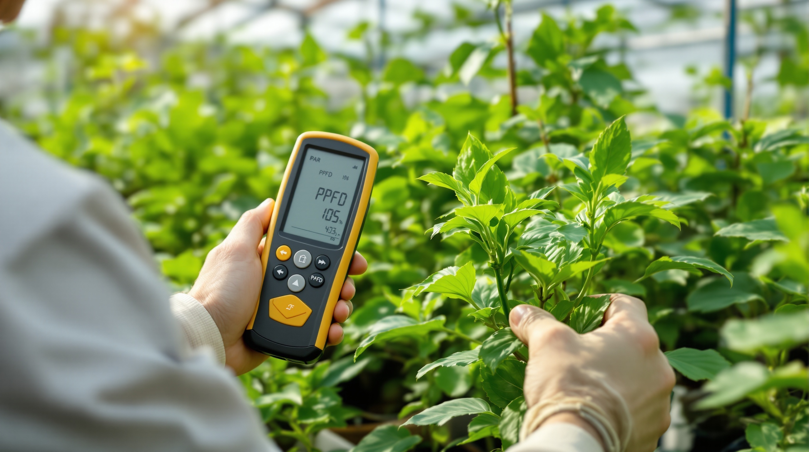 Измерение интенсивности света PAR-метром над растениями