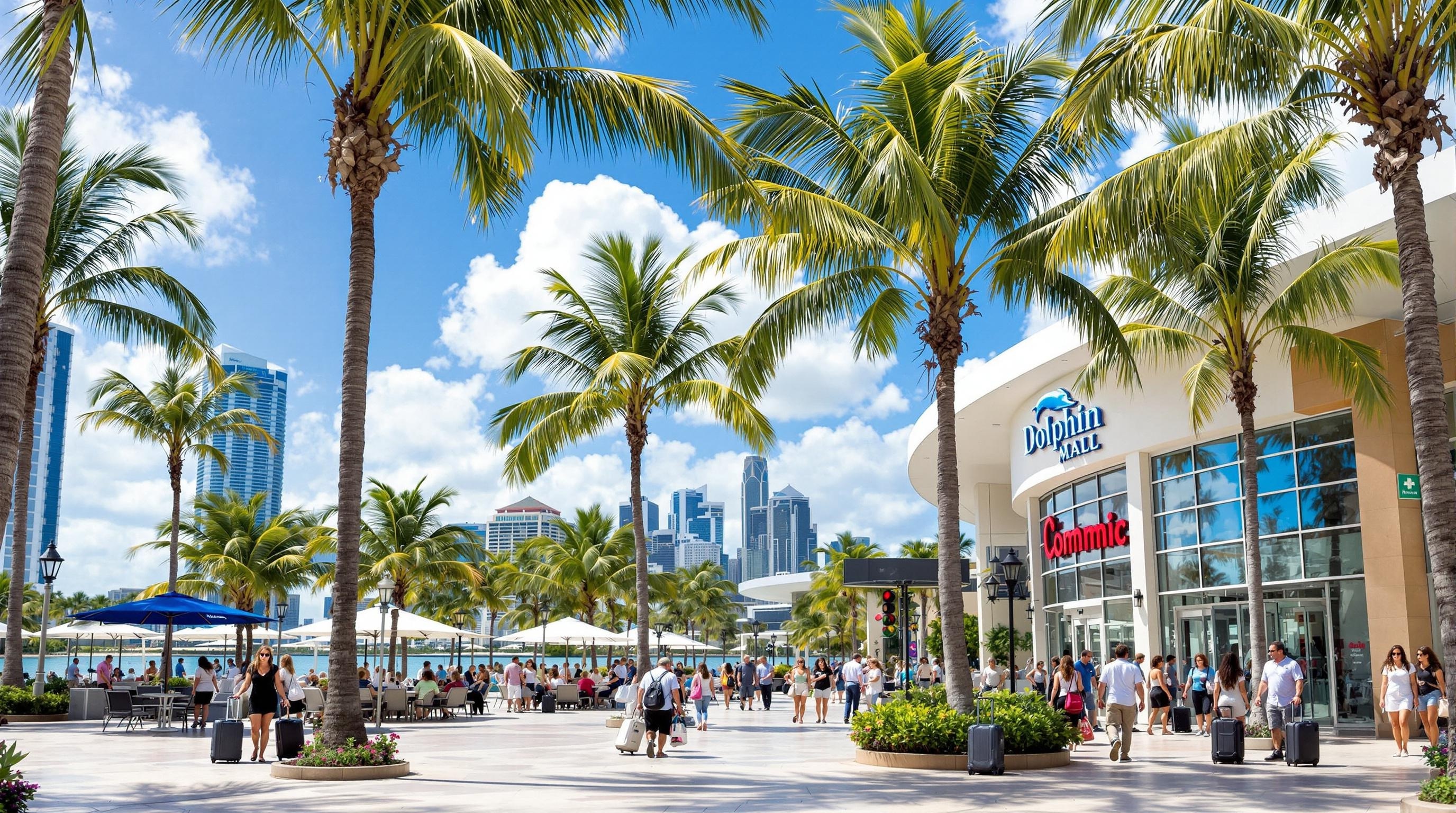 Dolphin Mall exterior with Miami skyline and palm trees