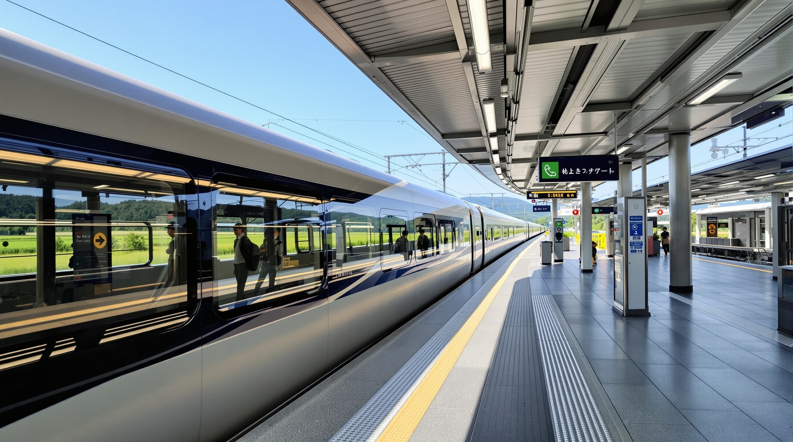 日本のローカル駅プラットフォームに到着する急行電車、清潔でモダンな駅デザイン、窓から見える緑豊かな田園風景、青空