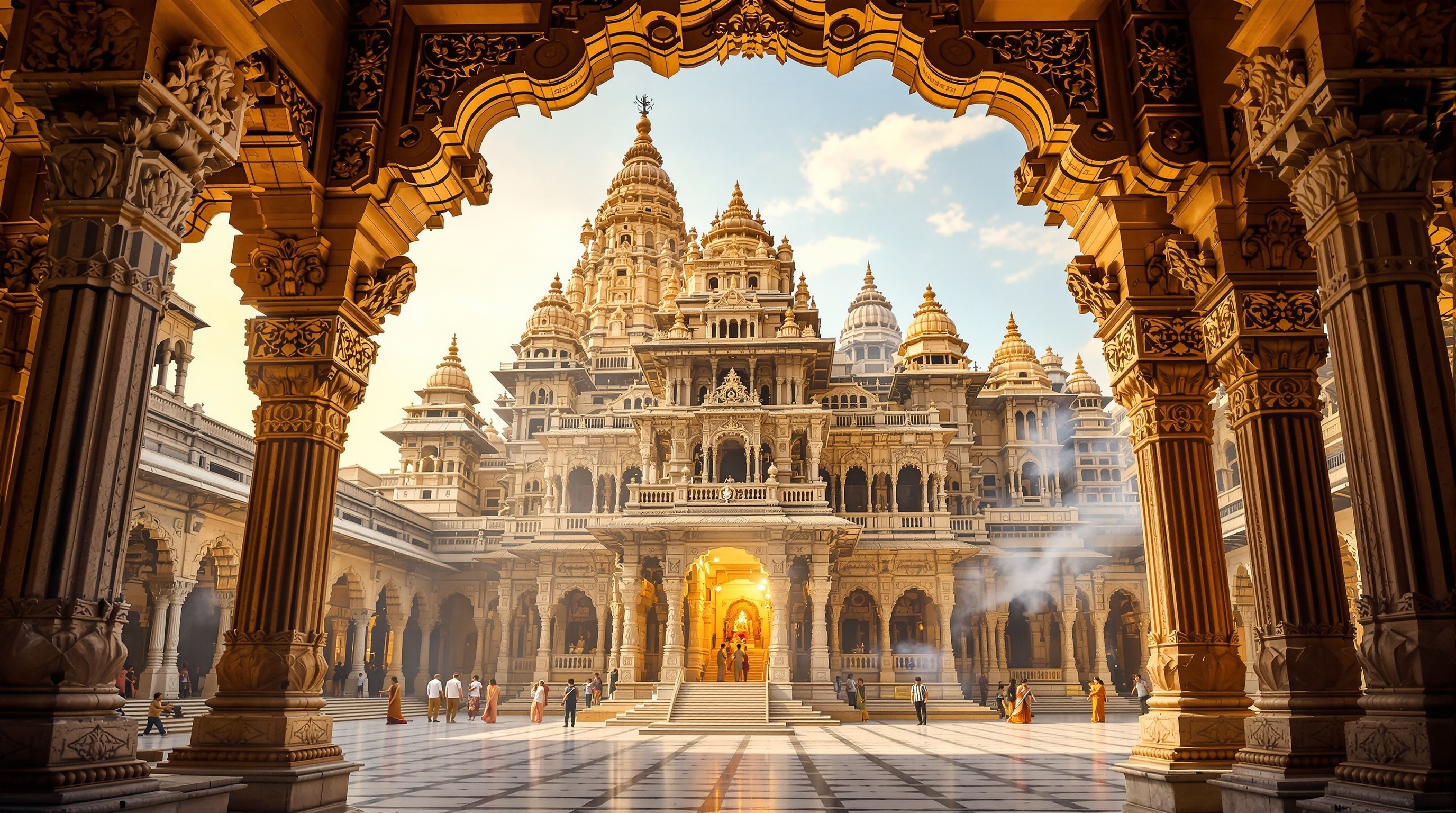 Ancient Swaminarayan temple with intricate stone carvings and traditional Hindu architecture