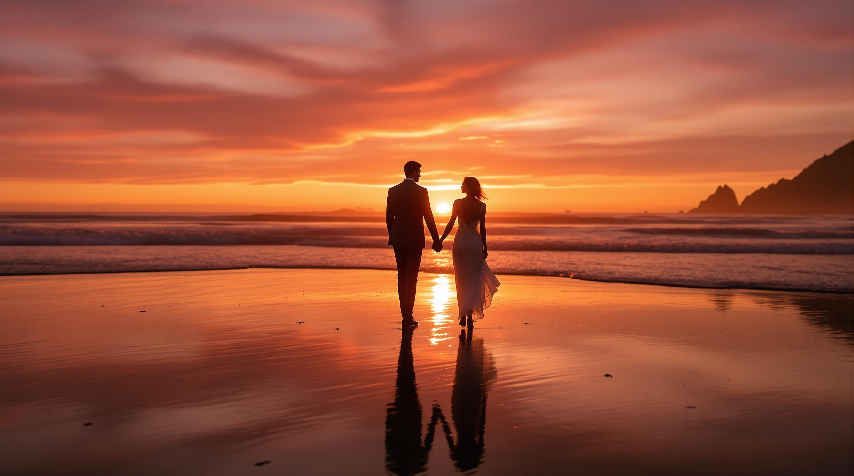 Romantic couple silhouetted against Oregon coast sunset