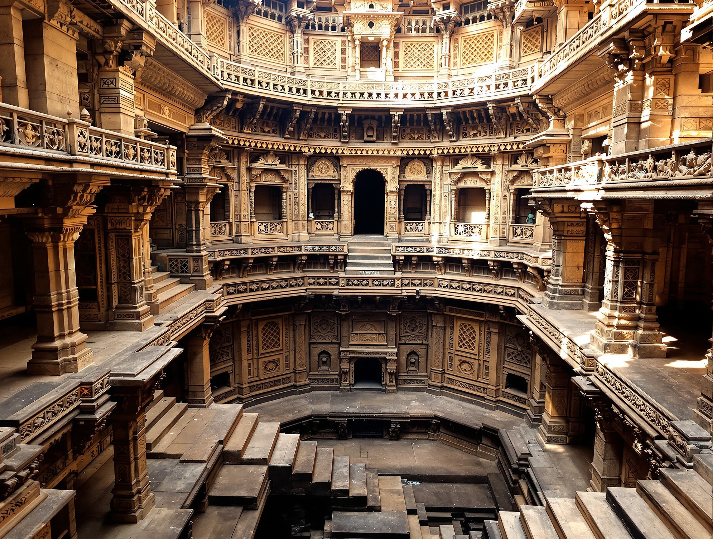 Ancient ornate step well vav in Amri with intricate stone carvings