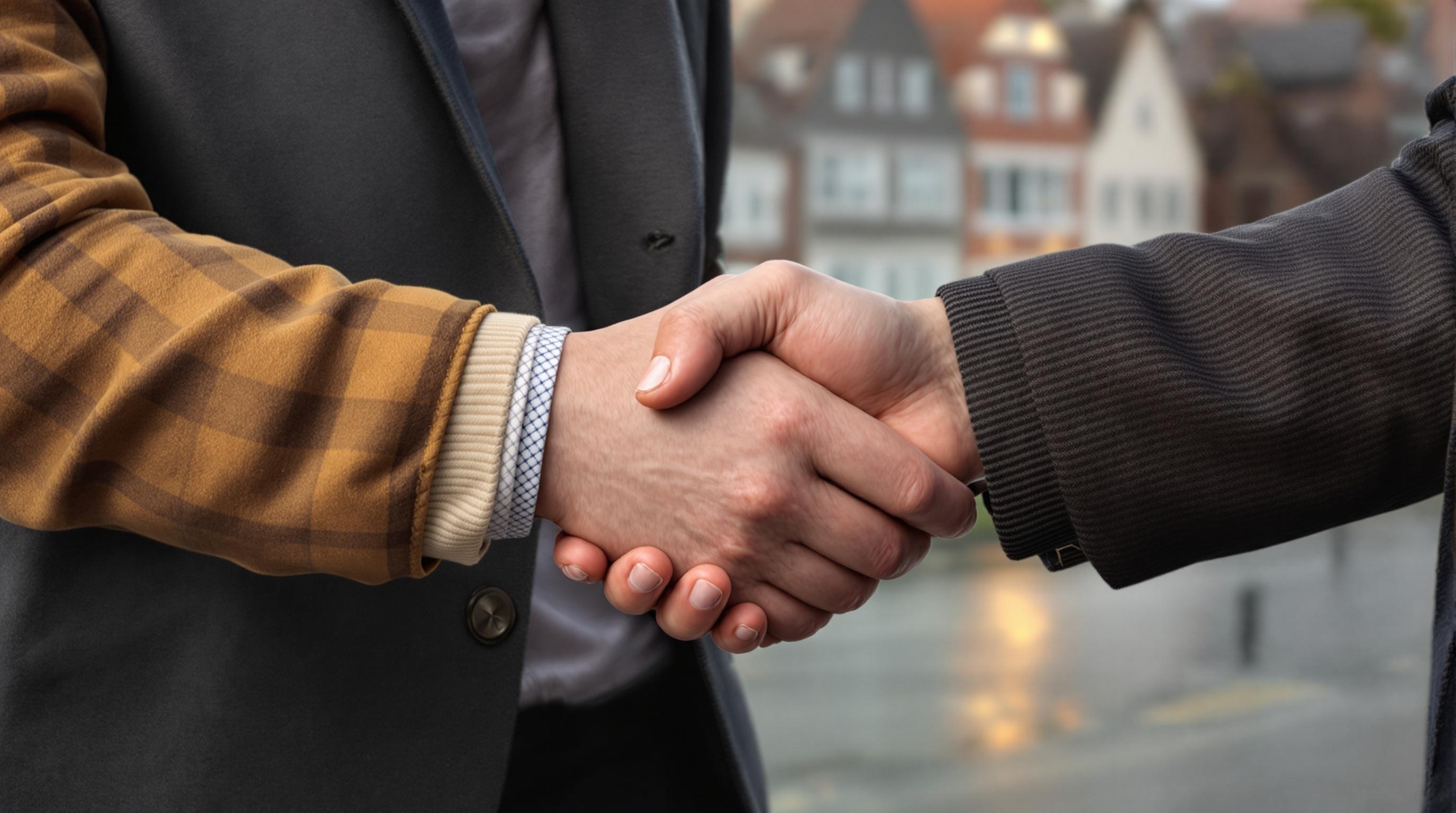 Handschlag zwischen Webdesigner und lokalem Geschäftsinhaber in Nienburg mit typischen Gebäuden der Nienburger Innenstadt im Hintergrund