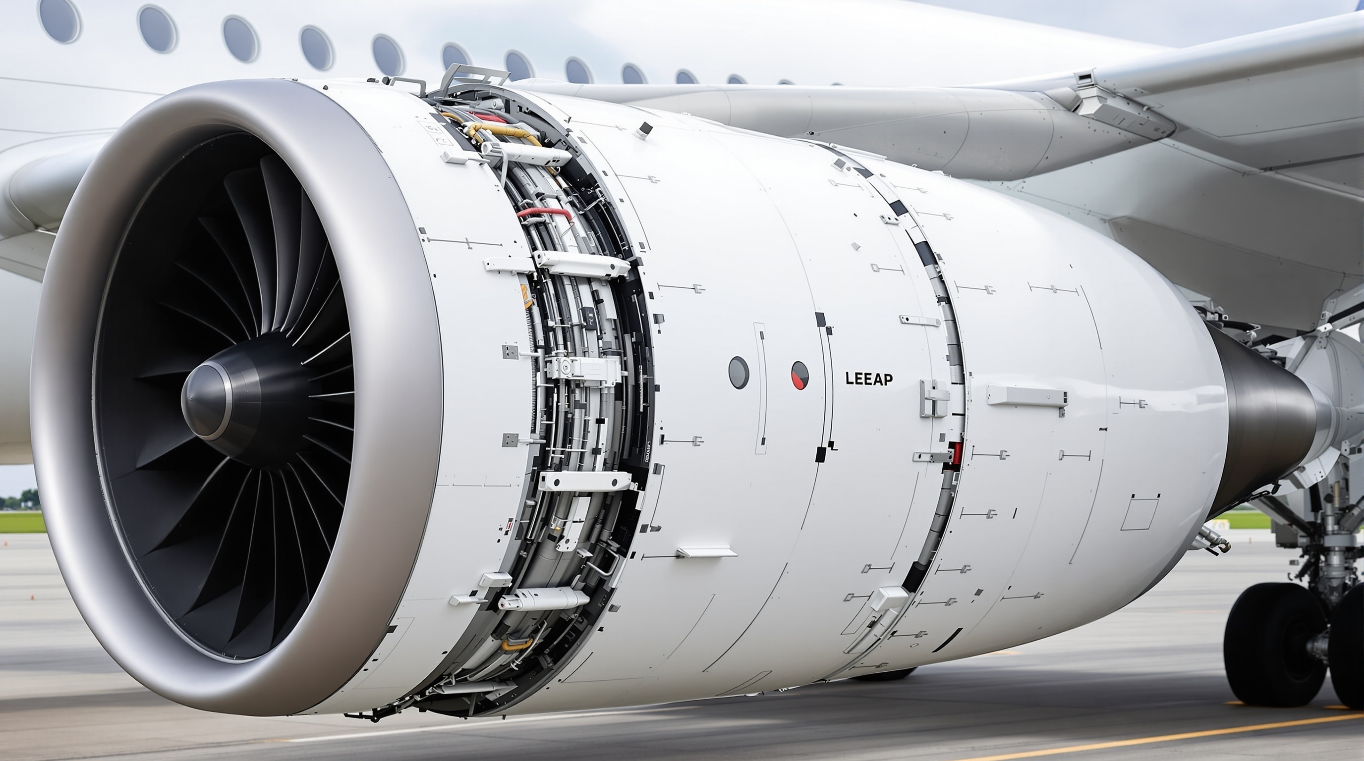 Complete external view of high-bypass turbofan jet engine mounted under aircraft wing showing nacelle, inlet cowl, fan cowl doors, thrust reverser panels with cascades, exhaust nozzle with chevrons, and mounting pylon