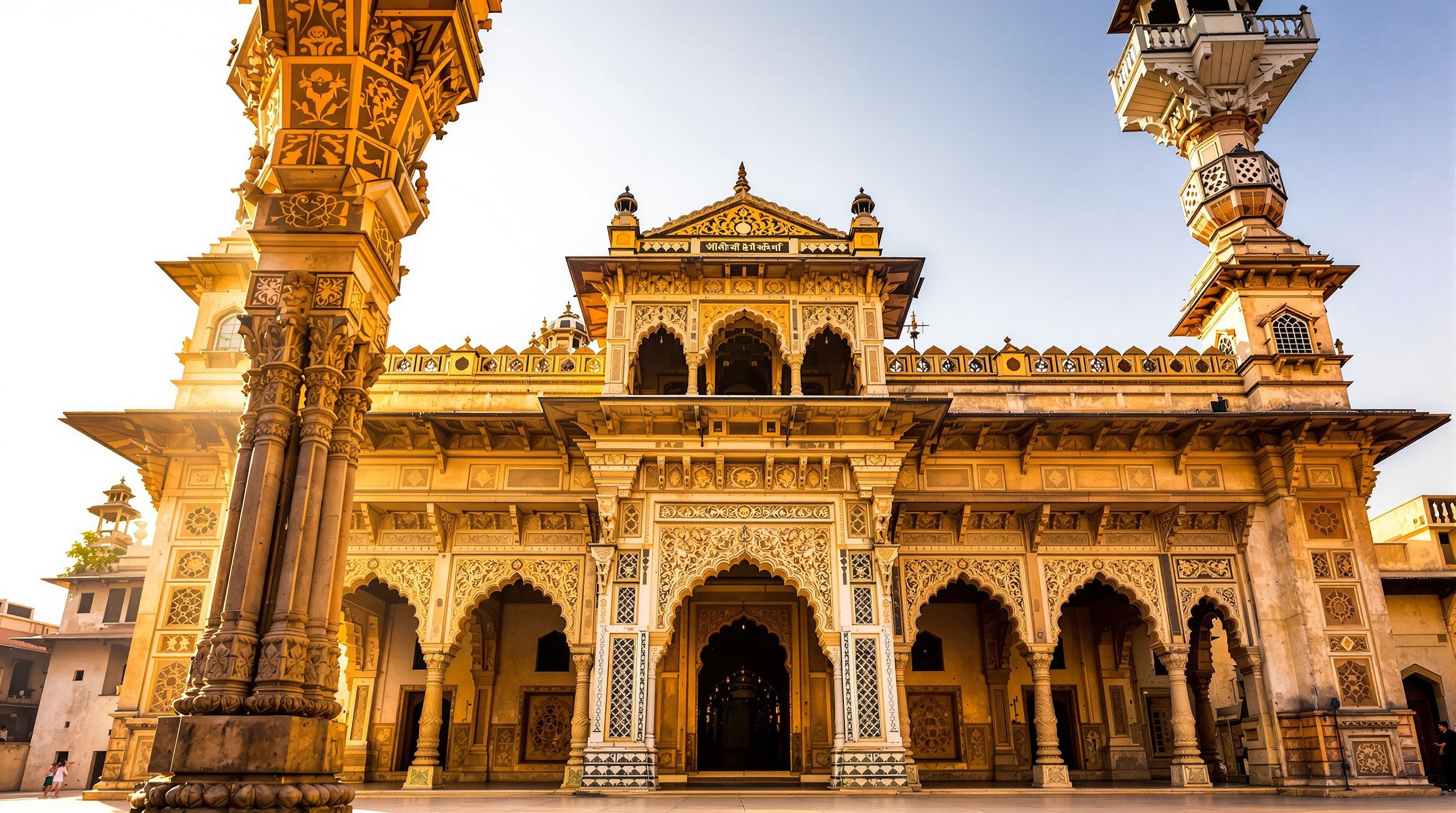 Traditional Gujarati haveli architecture showing intricate stone carvings and ornate pillars