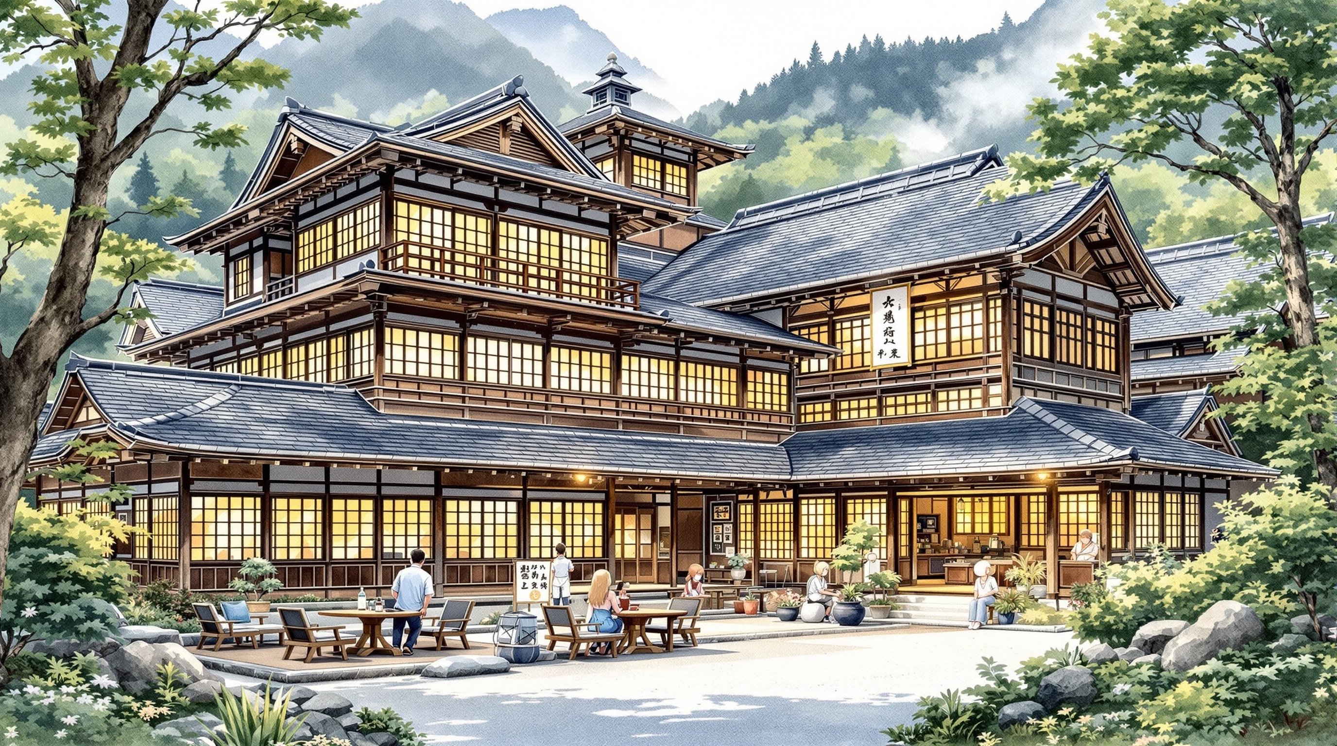 湯原温泉の伝統的な日本旅館「油屋」、山間の自然に囲まれた元禄時代風の木造建築