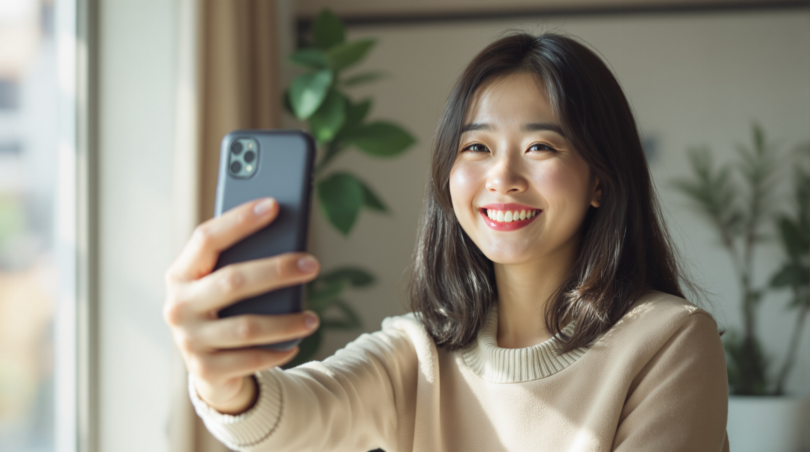 スマートフォンでプロフィール写真を撮影している女性