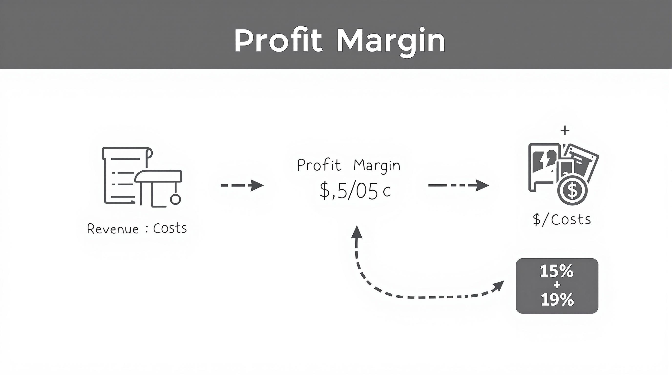 Profit margin calculation diagram showing revenue, costs, and profit formula