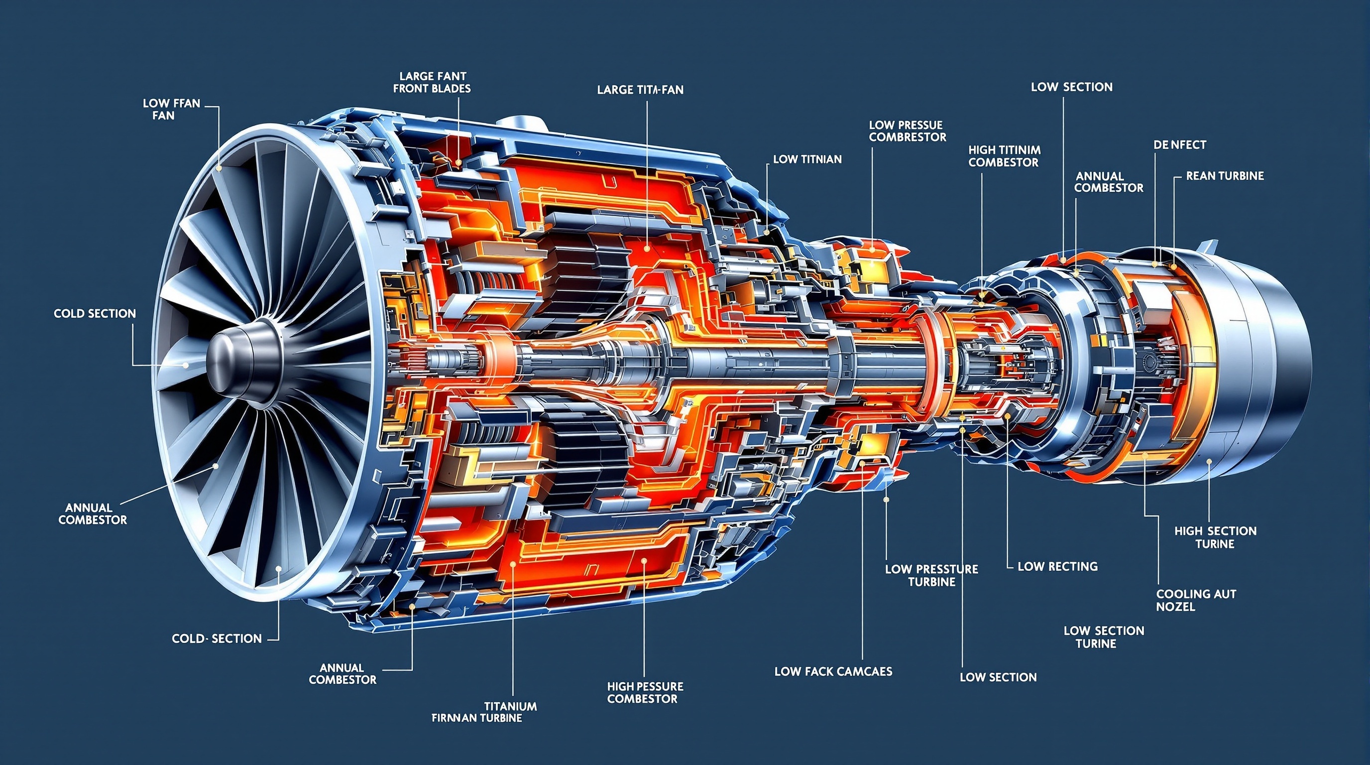 Detailed turbofan jet engine cross-section diagram showing fan, compressor stages, combustor, turbine sections, and exhaust nozzle with cold and hot section differentiation