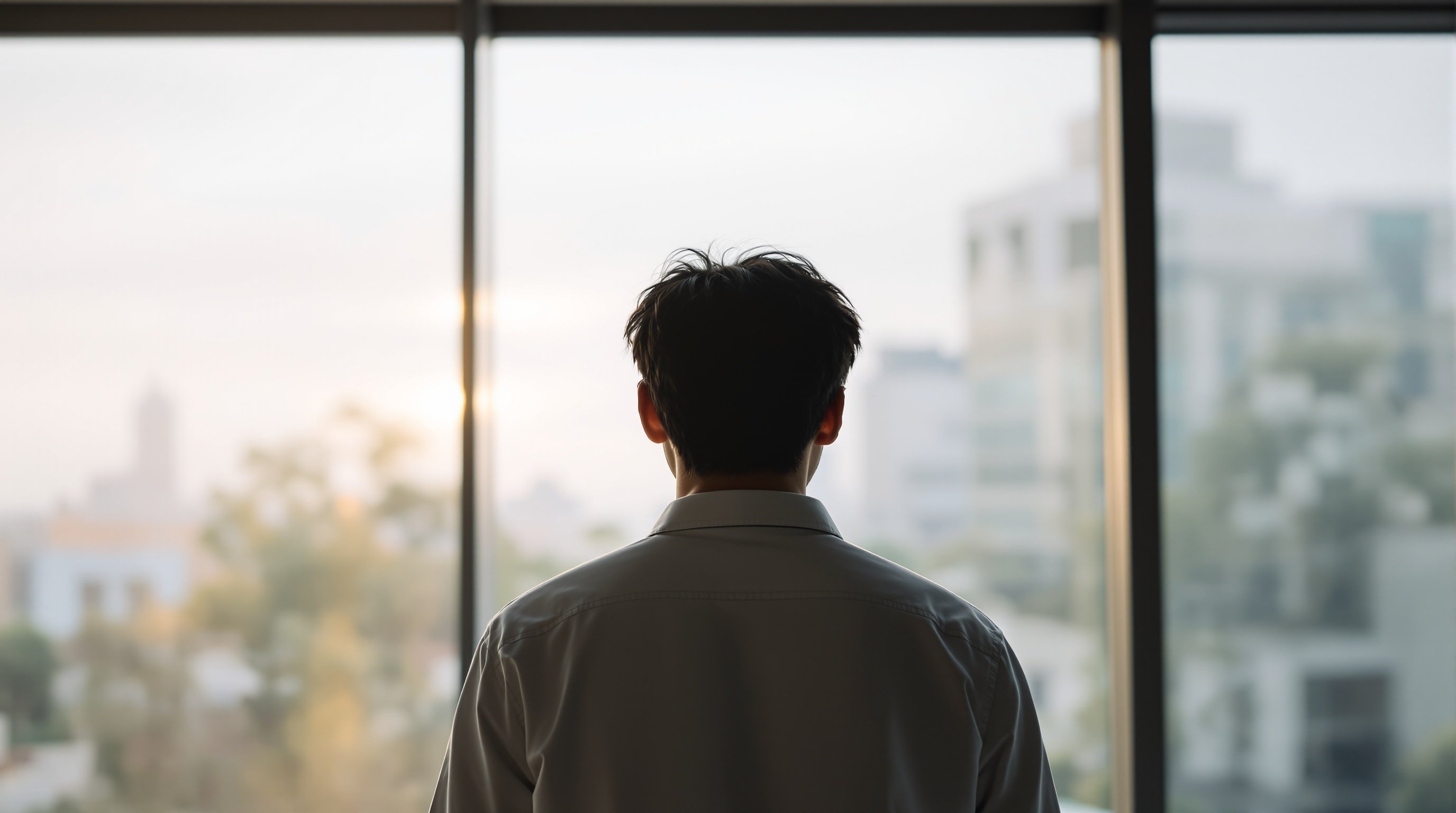 窓辺で考え込む男性の後ろ姿