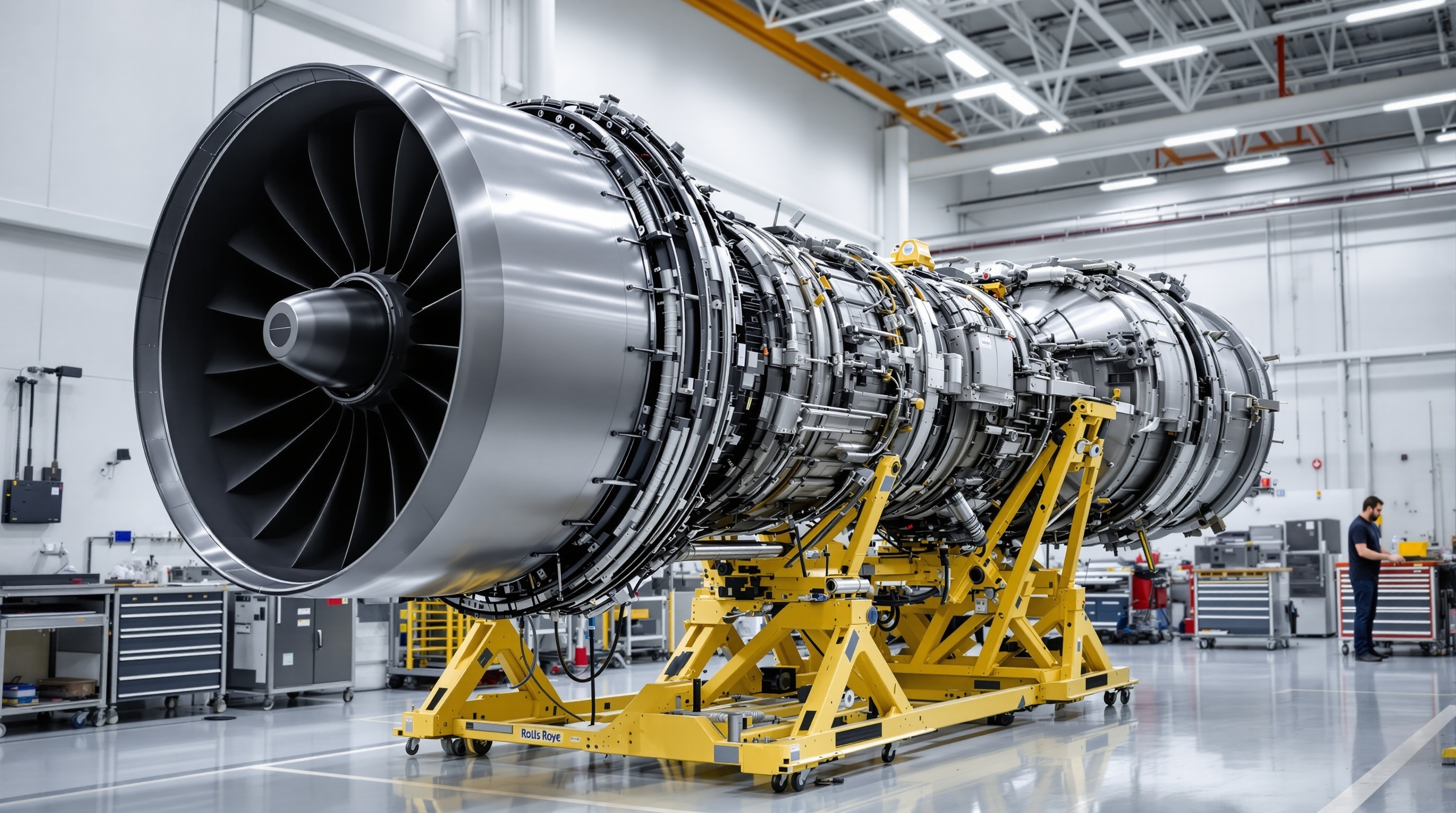 RB211 class jet engine on pin-mounted base stand in clean MRO workshop environment