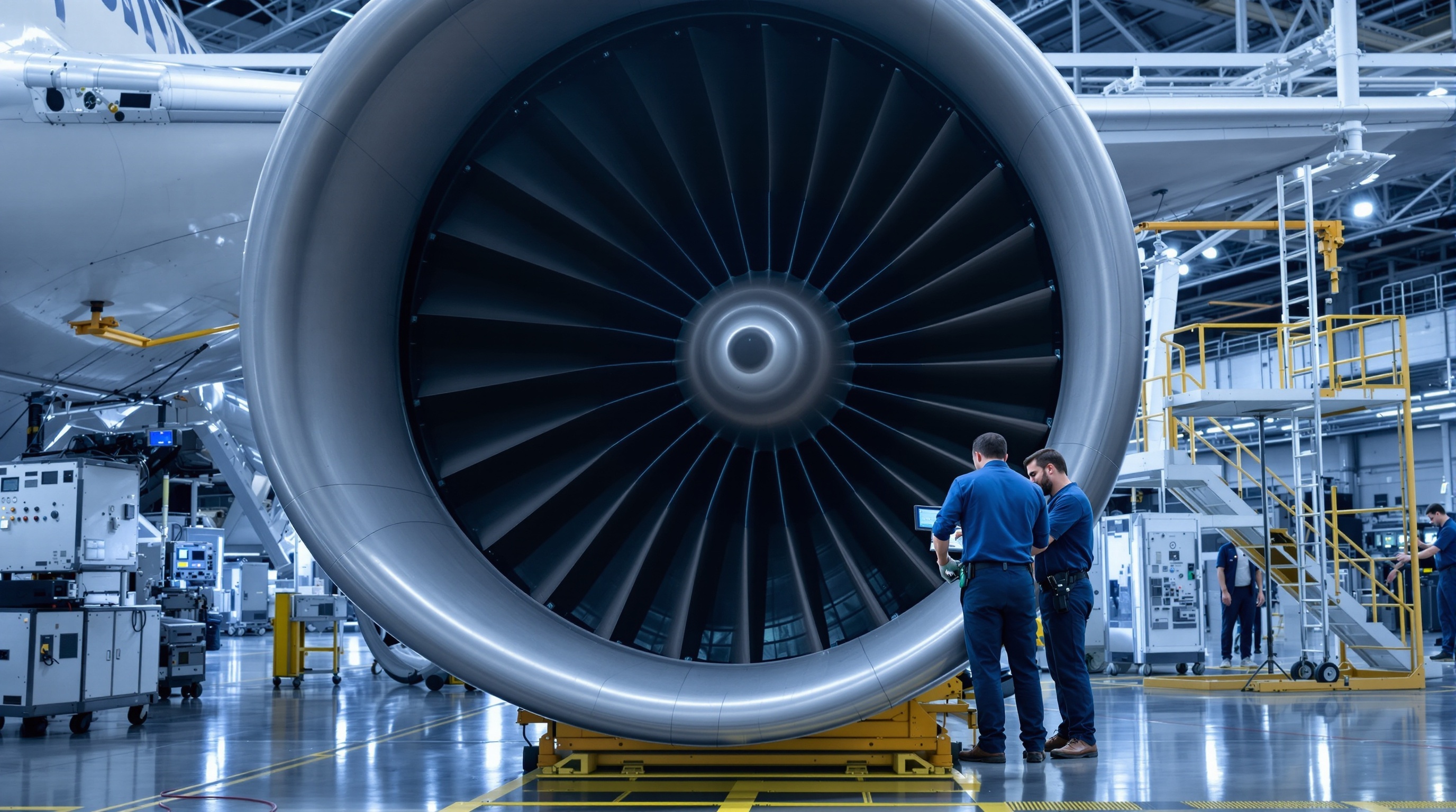 Aviation technicians servicing commercial turbofan engine in professional maintenance facility
