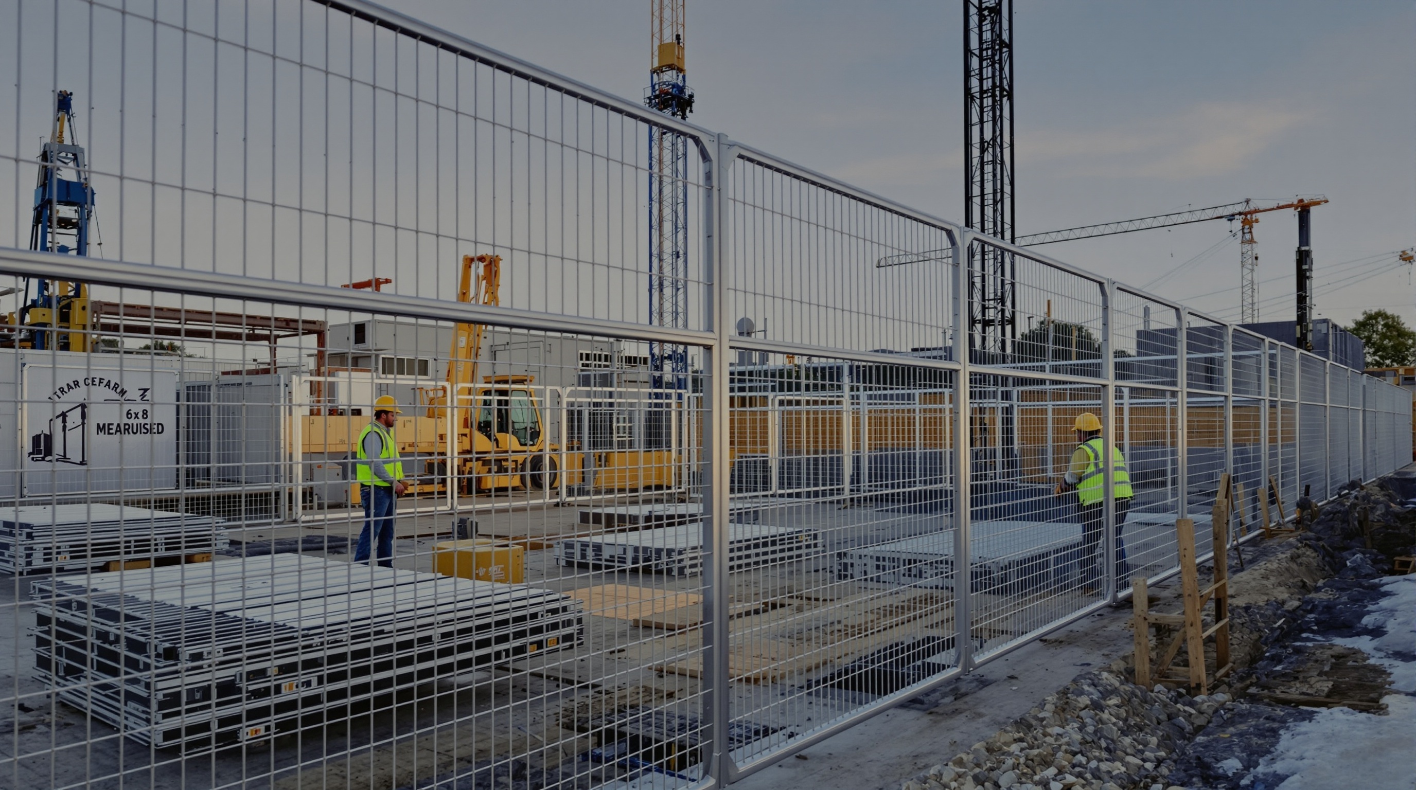 Professional construction site showcasing affordable 6x8 temporary fence panels installation with construction workers and modern equipment