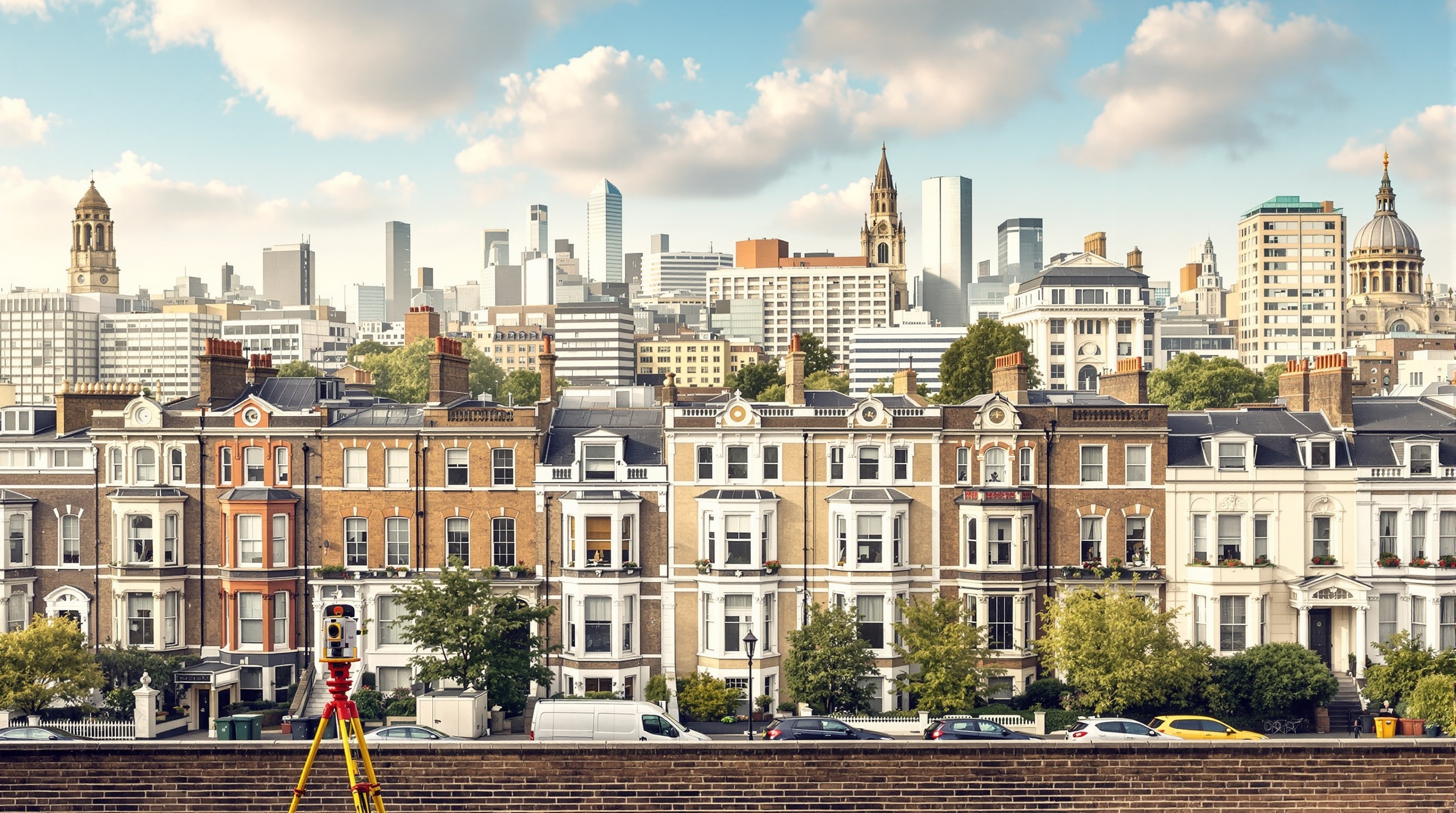 London property panorama showing various residential and commercial buildings