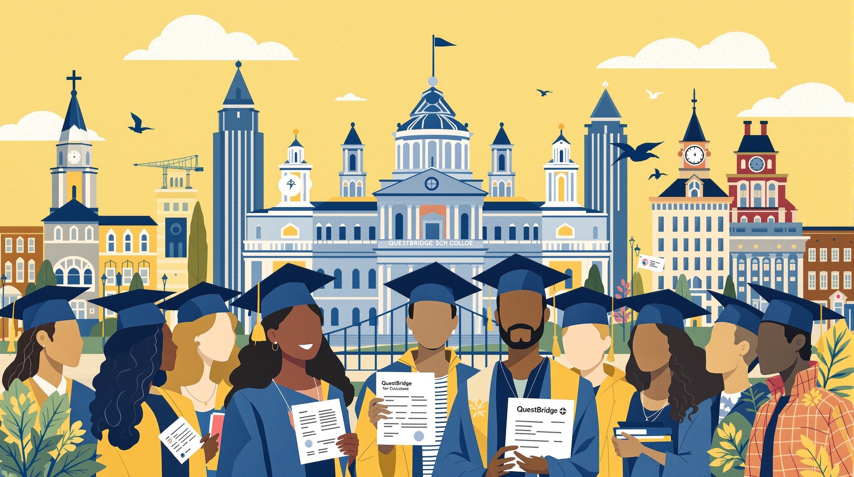 Diverse high school students in graduation caps with QuestBridge scholarship documents, representing educational opportunities for low-income students
