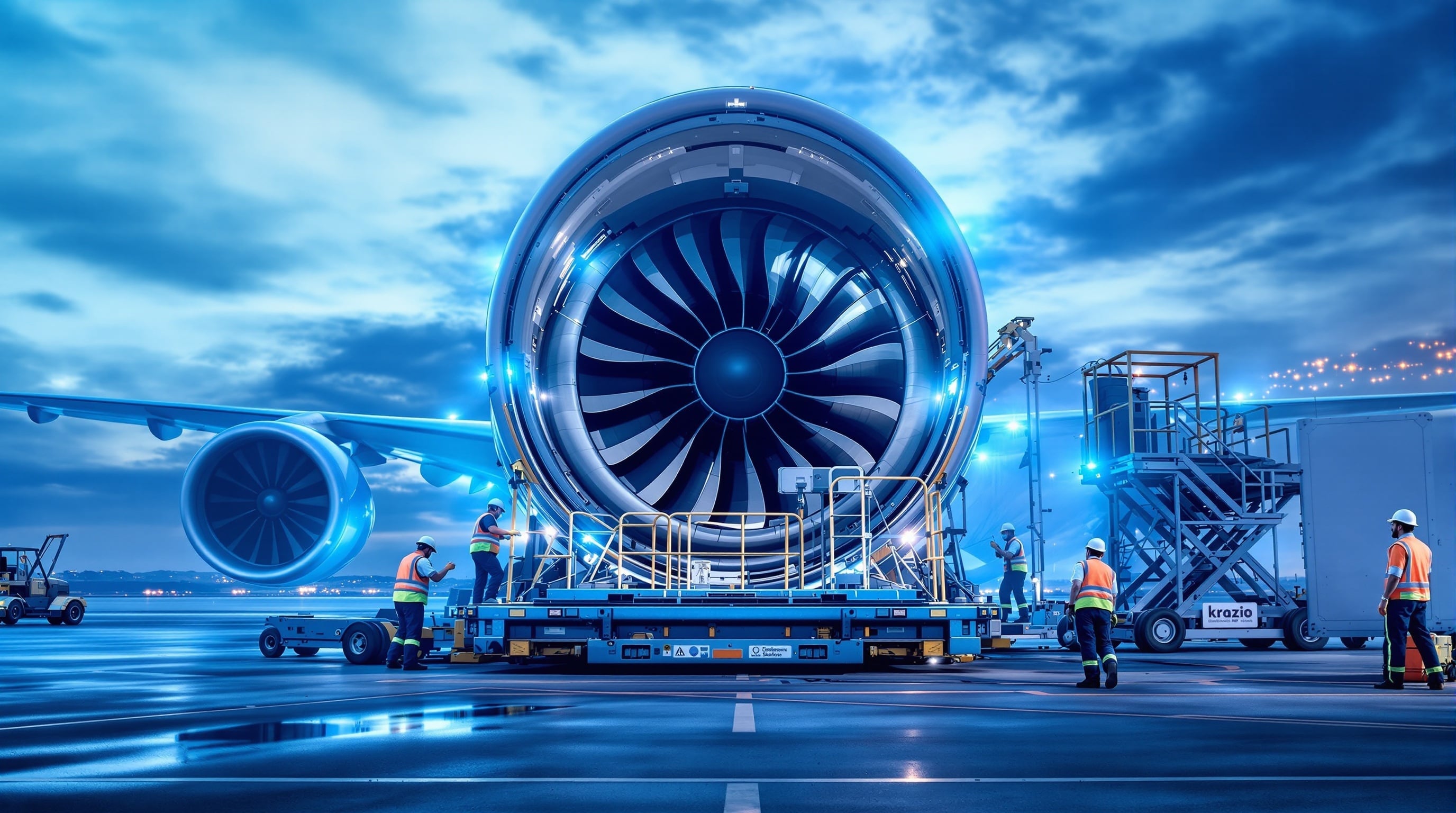 Professional aviation logistics operation showing cargo aircraft being loaded with jet engine in specialized container