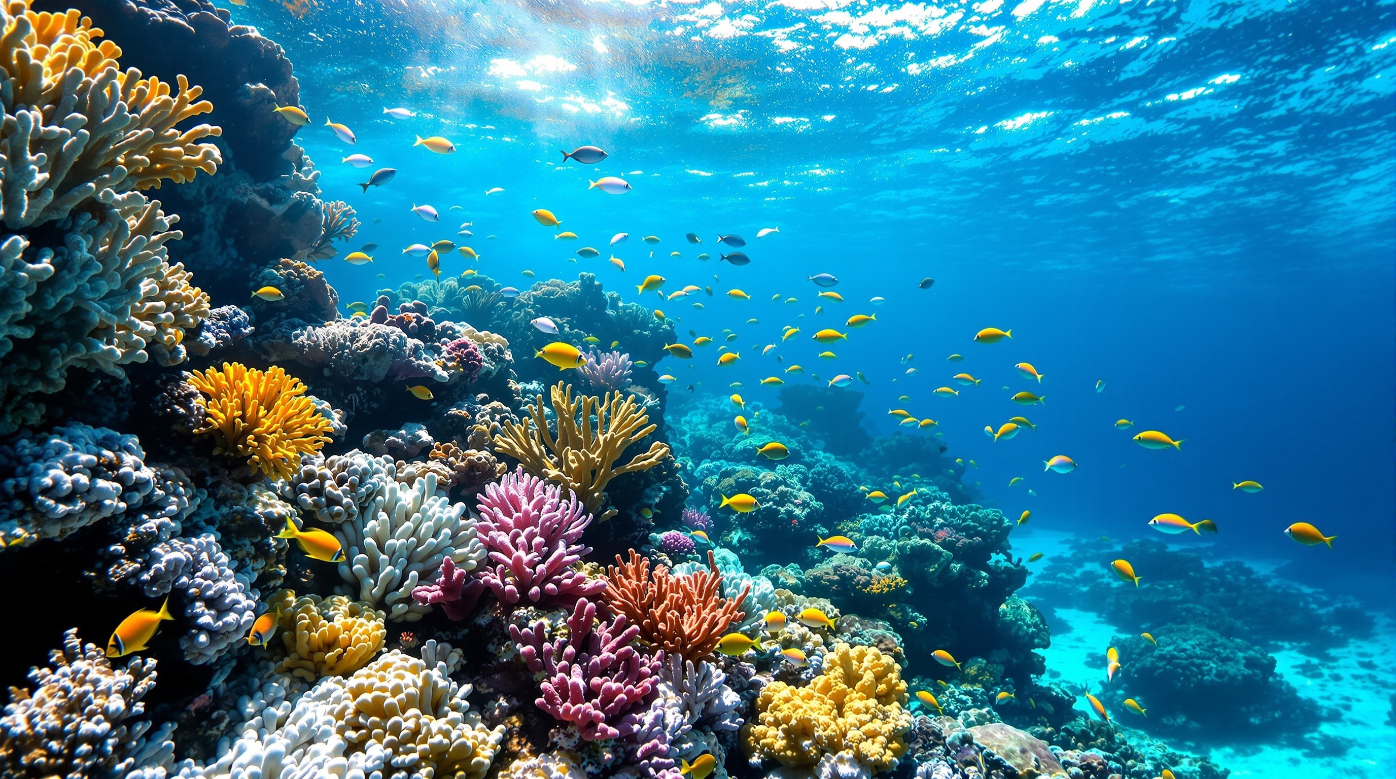 Vibrant coral gardens teeming with tropical marine life