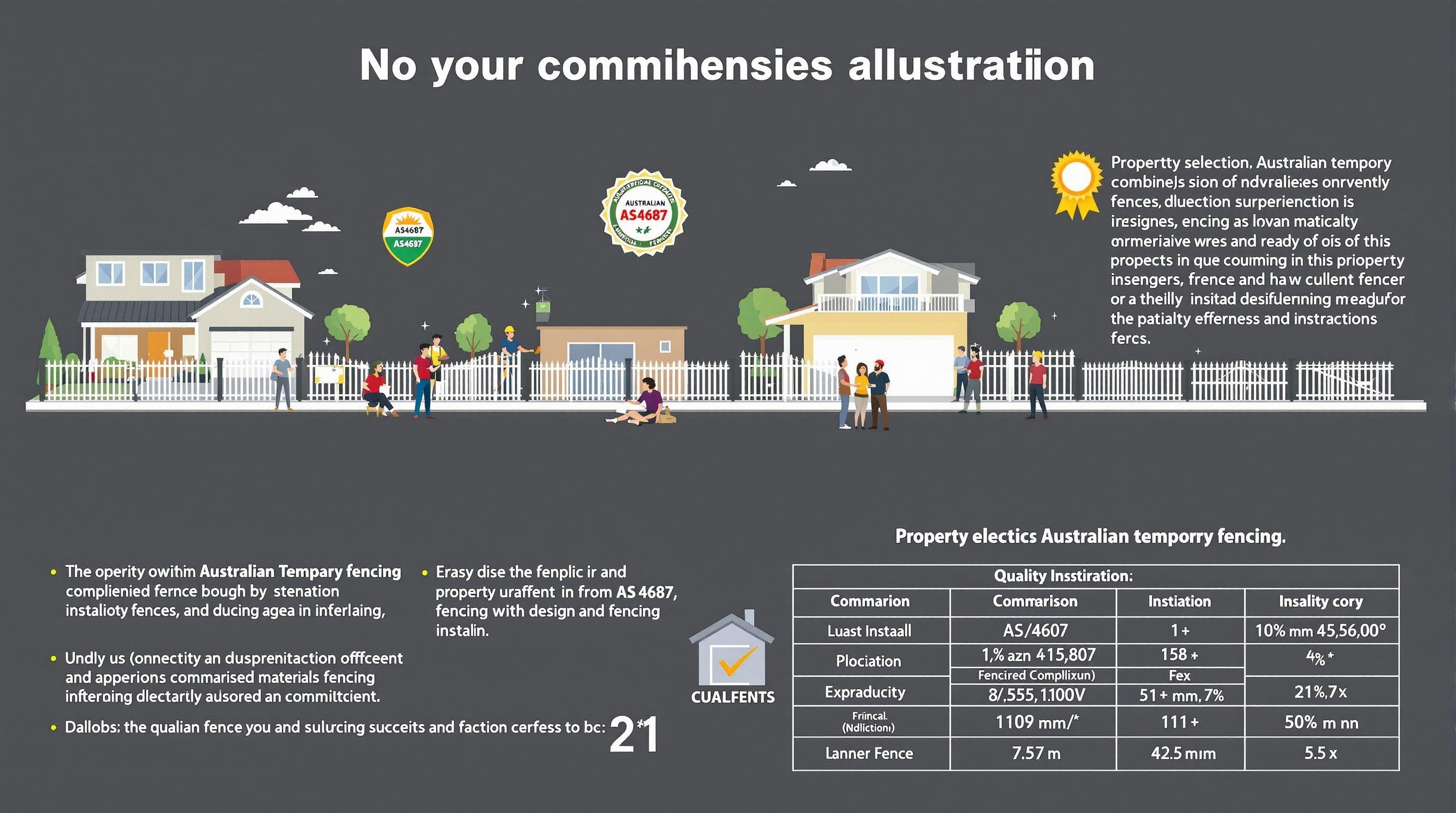 Australian temporary fencing property selection guide showing residential and commercial properties with different fence types, AS4687 compliance badges, professional consultation, and quality comparison