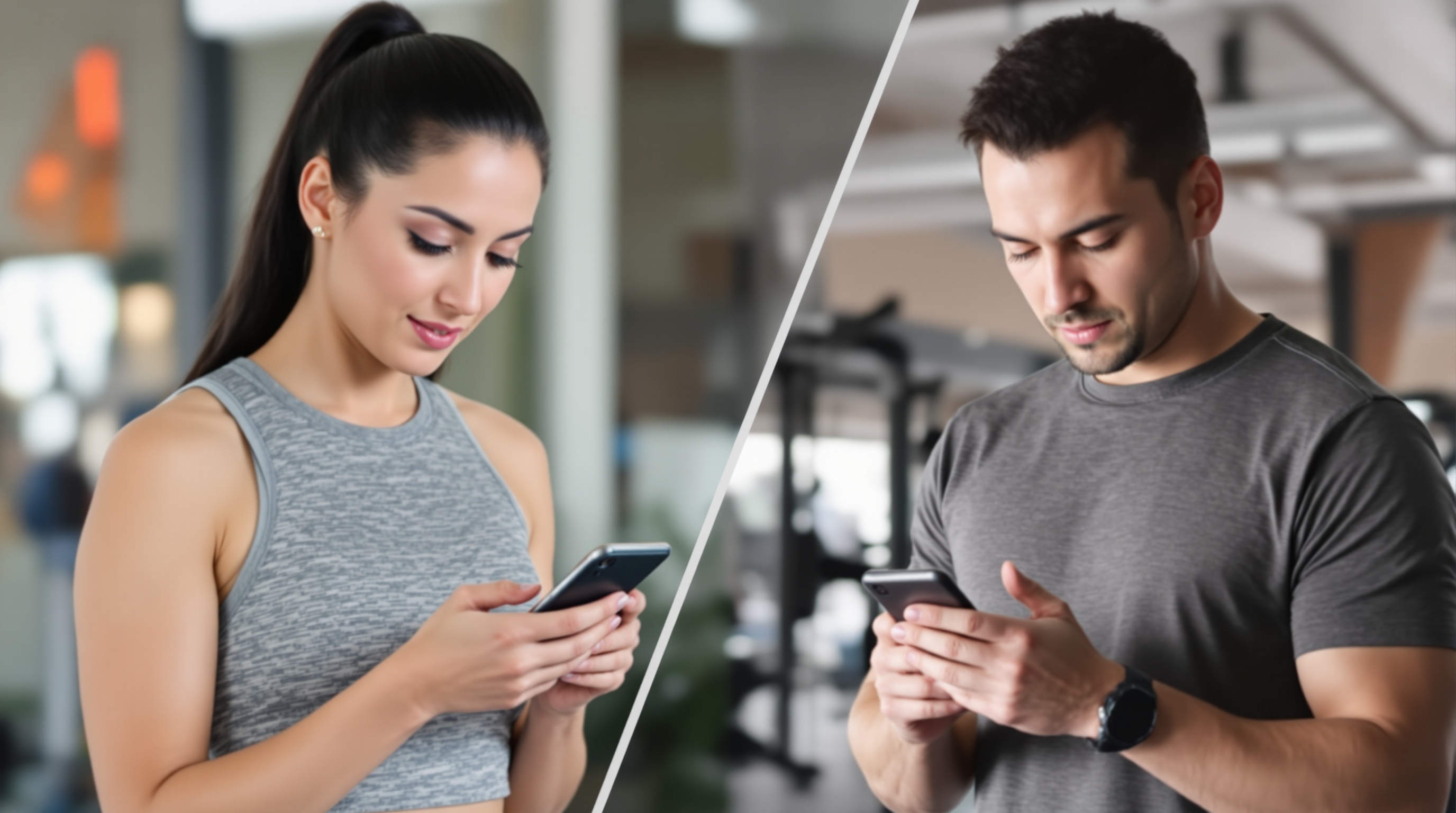 Pessoas usando app de treino personalizado na academia