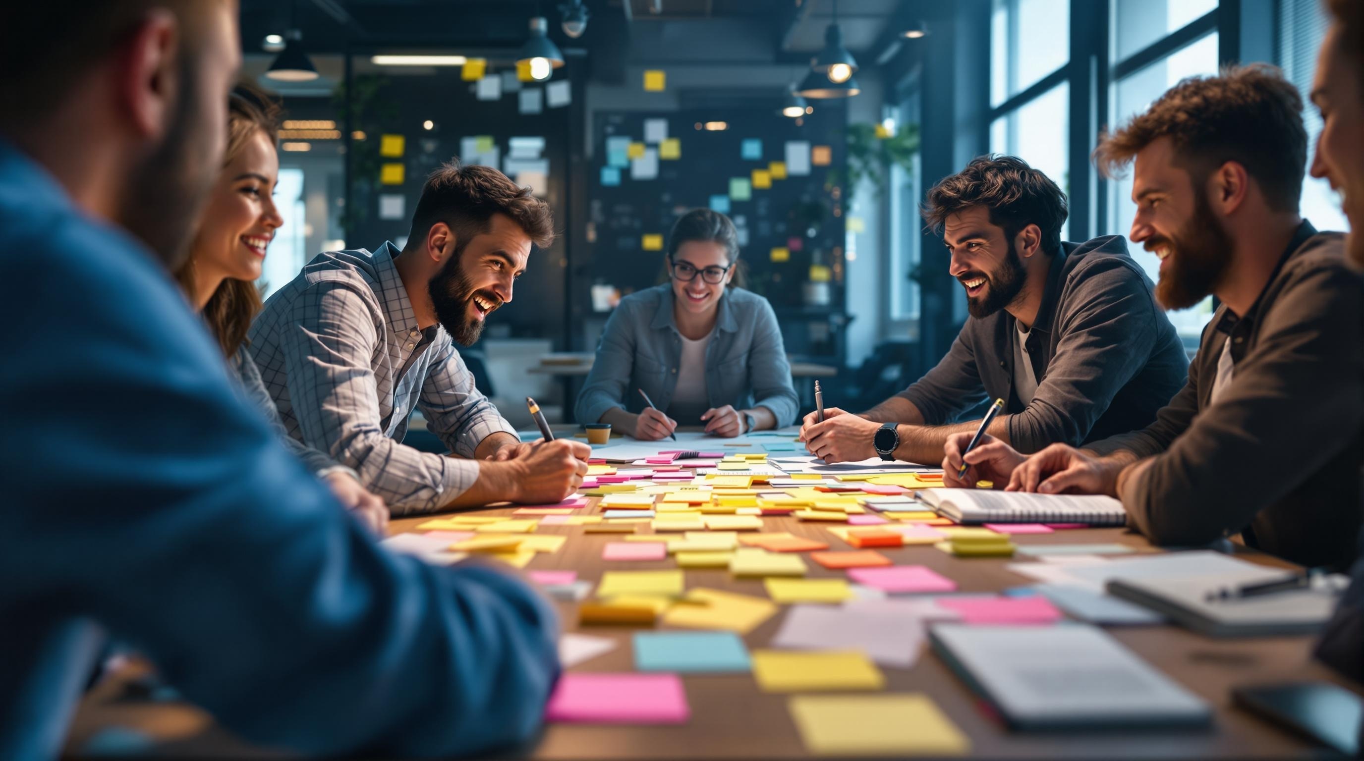 A photorealistic, ultra-detailed 8k resolution image of a startup meeting scene, capturing the intense energy of team members passionately discussing a business model pivot. The team is shown immersed in brainstorming, their expressions and body language radiating creativity and innovation. The table is covered with colorful sticky notes and idea notebooks, under perfect lighting that accentuates the lively atmosphere and collaborative spirit. The image should highlight the dynamic interaction, creativity, and the exciting potential of transformation and change in the startup environment.