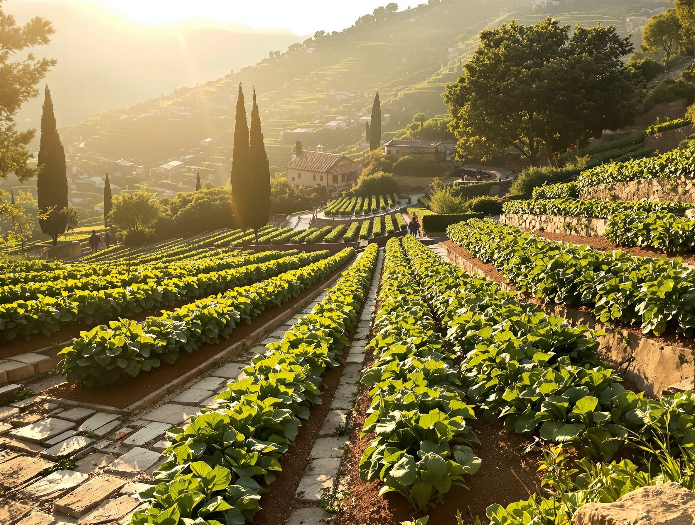 고대 이집트 벽화 속 상추 재배 장면을 연상시키는 고풍스러운 텃밭 풍경