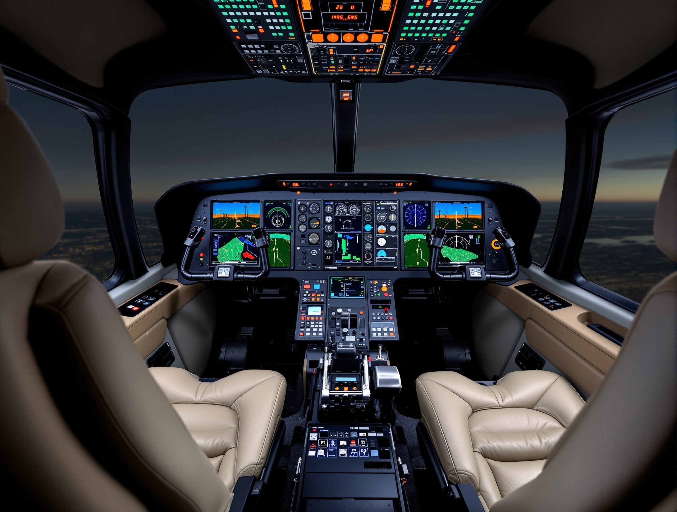 Detailed modern helicopter cockpit interior showing complete glass cockpit displays and all avionics systems