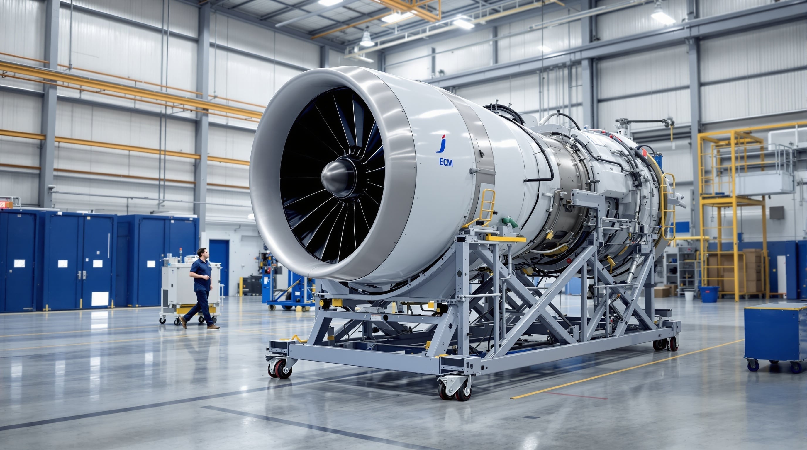 Large commercial turbofan engine mounted on specialized OEM-approved transport stand with wheels in maintenance hangar