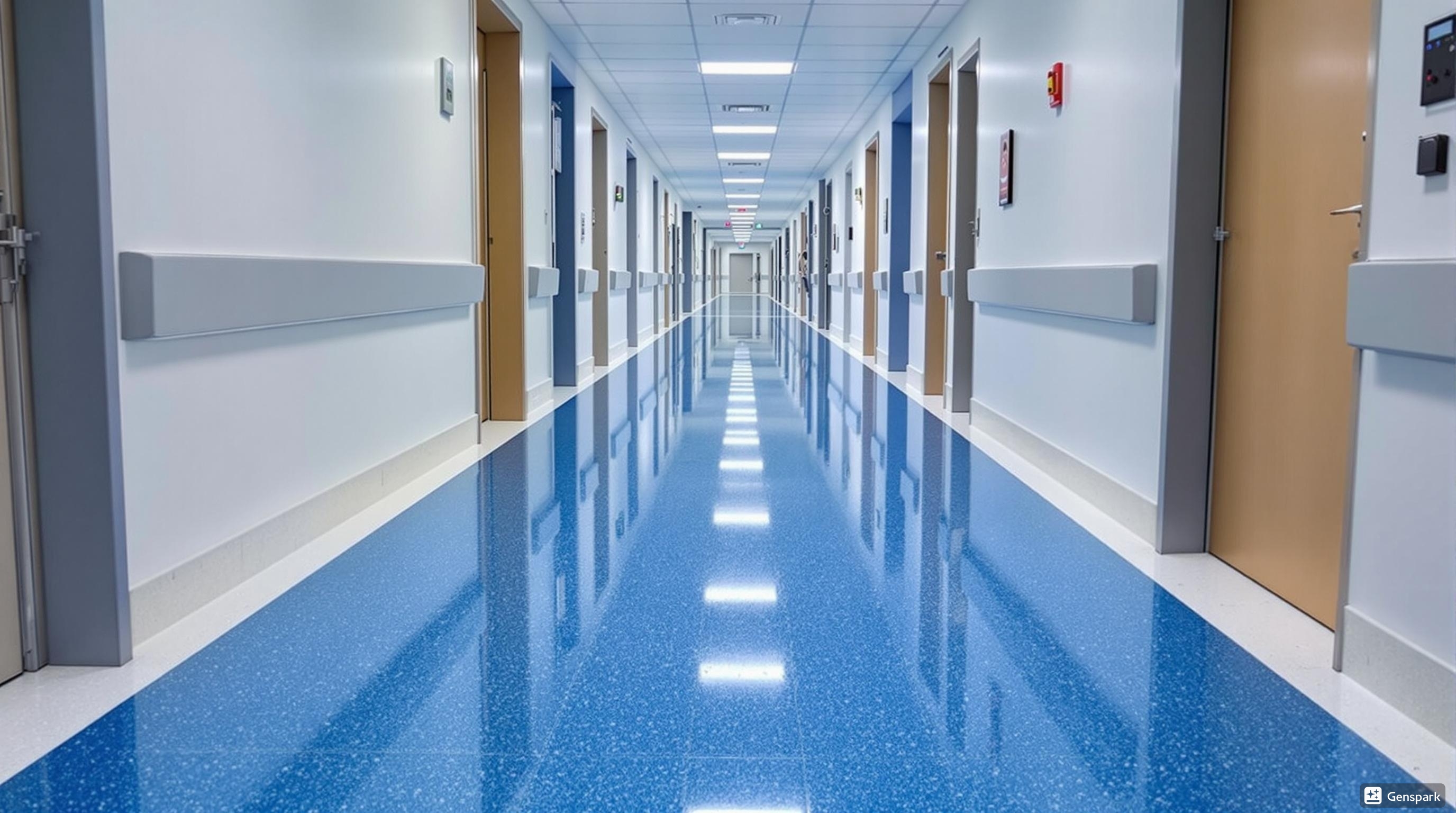Hospital flooring in Dubai healthcare facility featuring sterile vinyl flooring in a modern patient corridor