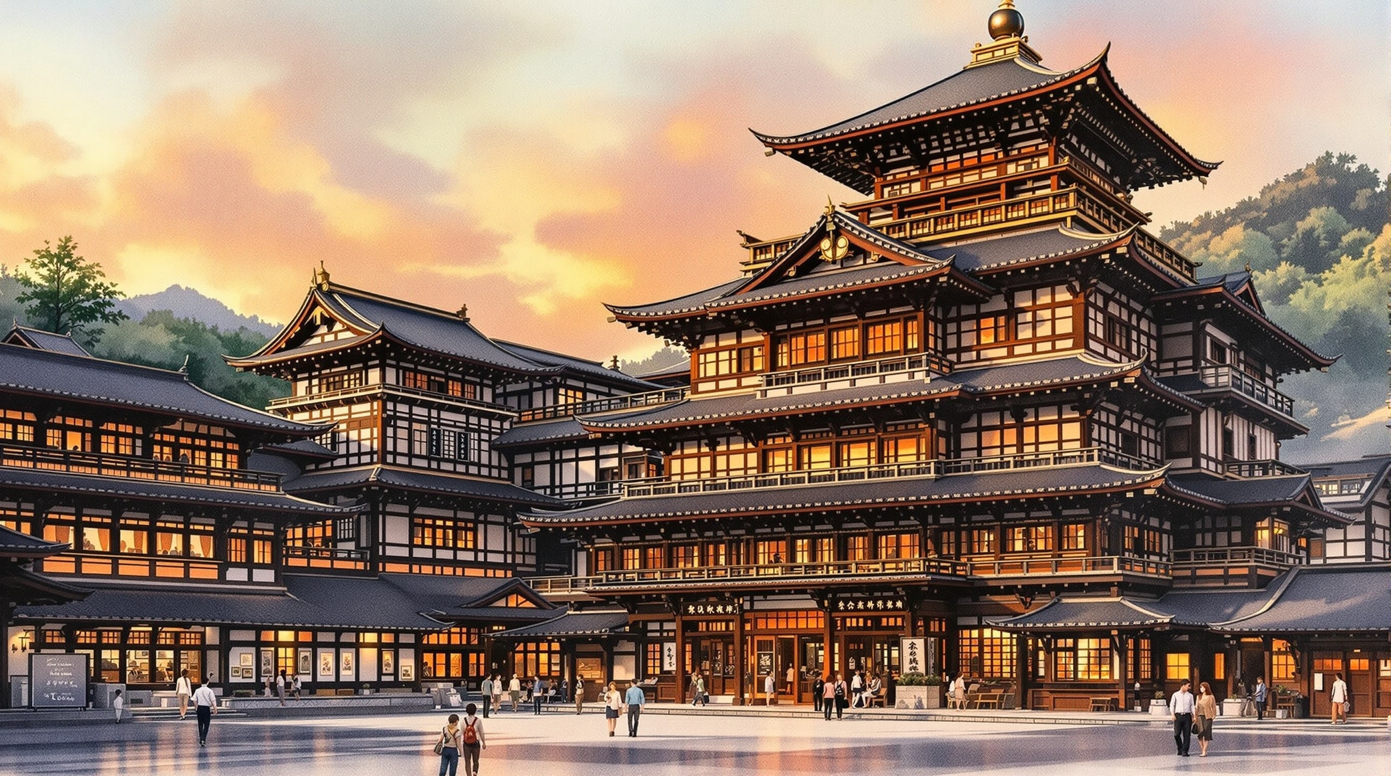 道後温泉本館の荘厳な三層楼の木造建築、夕暮れ時の金色の光に照らされた外観
