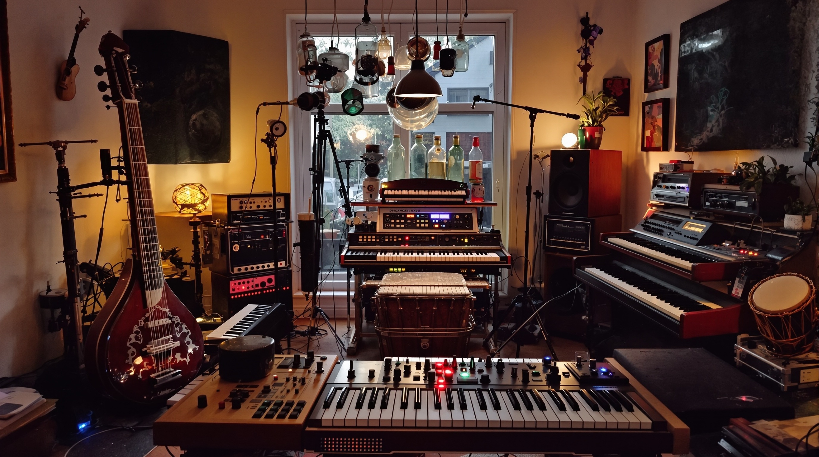 Creative music studio with unconventional instruments including sitar, djembe, prepared piano, and vintage synthesizers