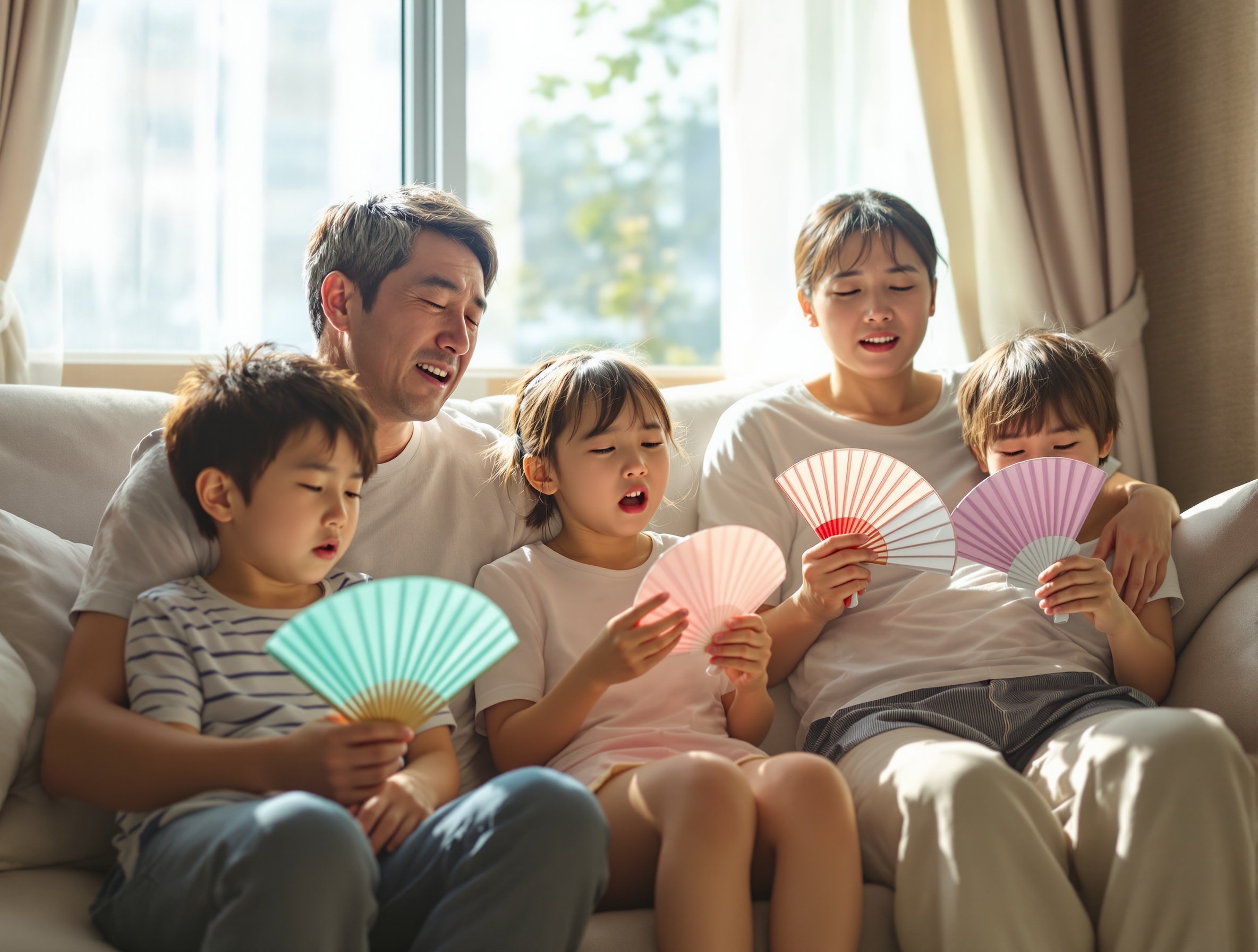 ソファに座った家族が暑さを耐えている