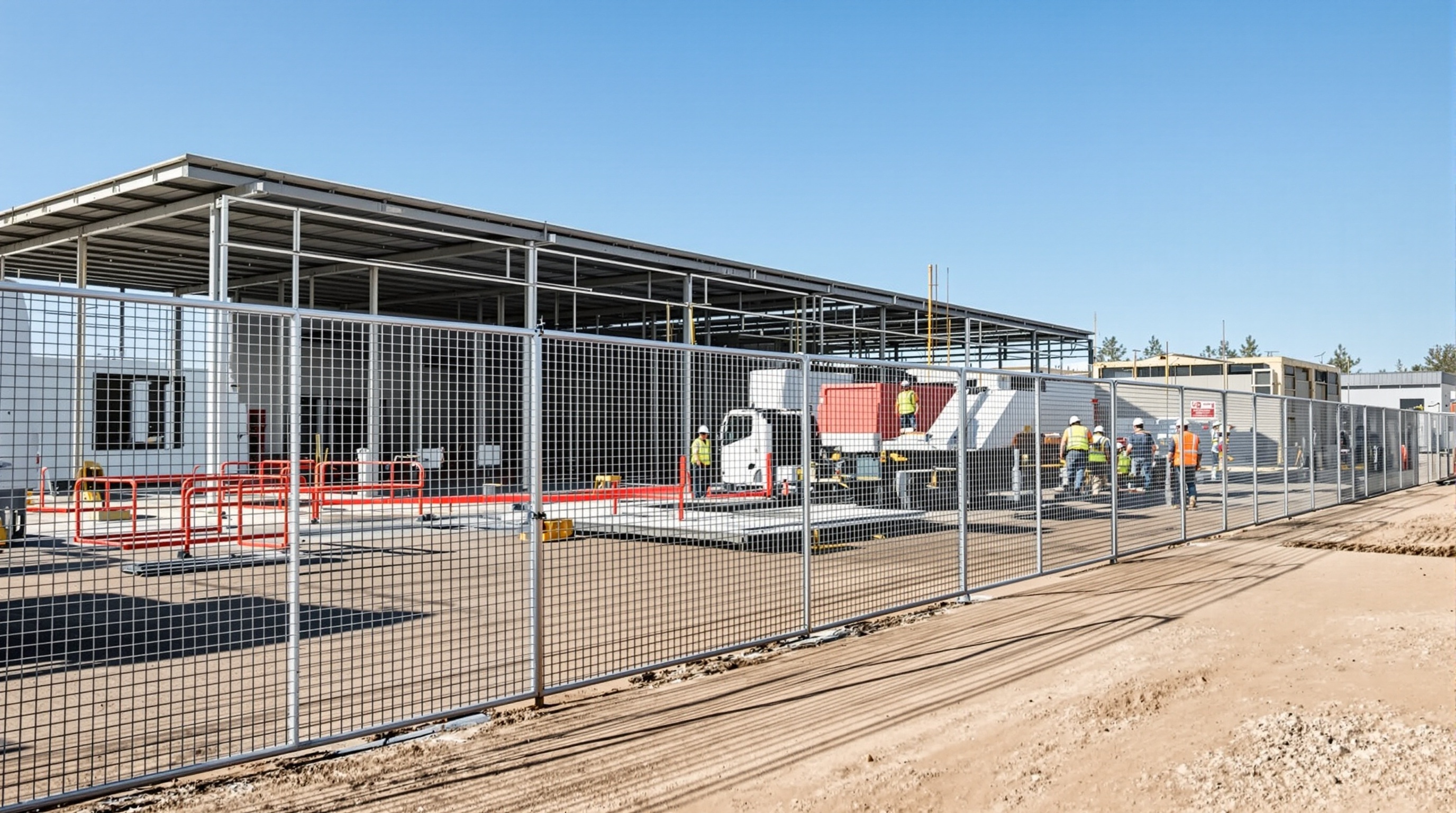 Professional construction site showing versatile 4-foot tall temporary fence panels protecting equipment and work areas with clear sight lines