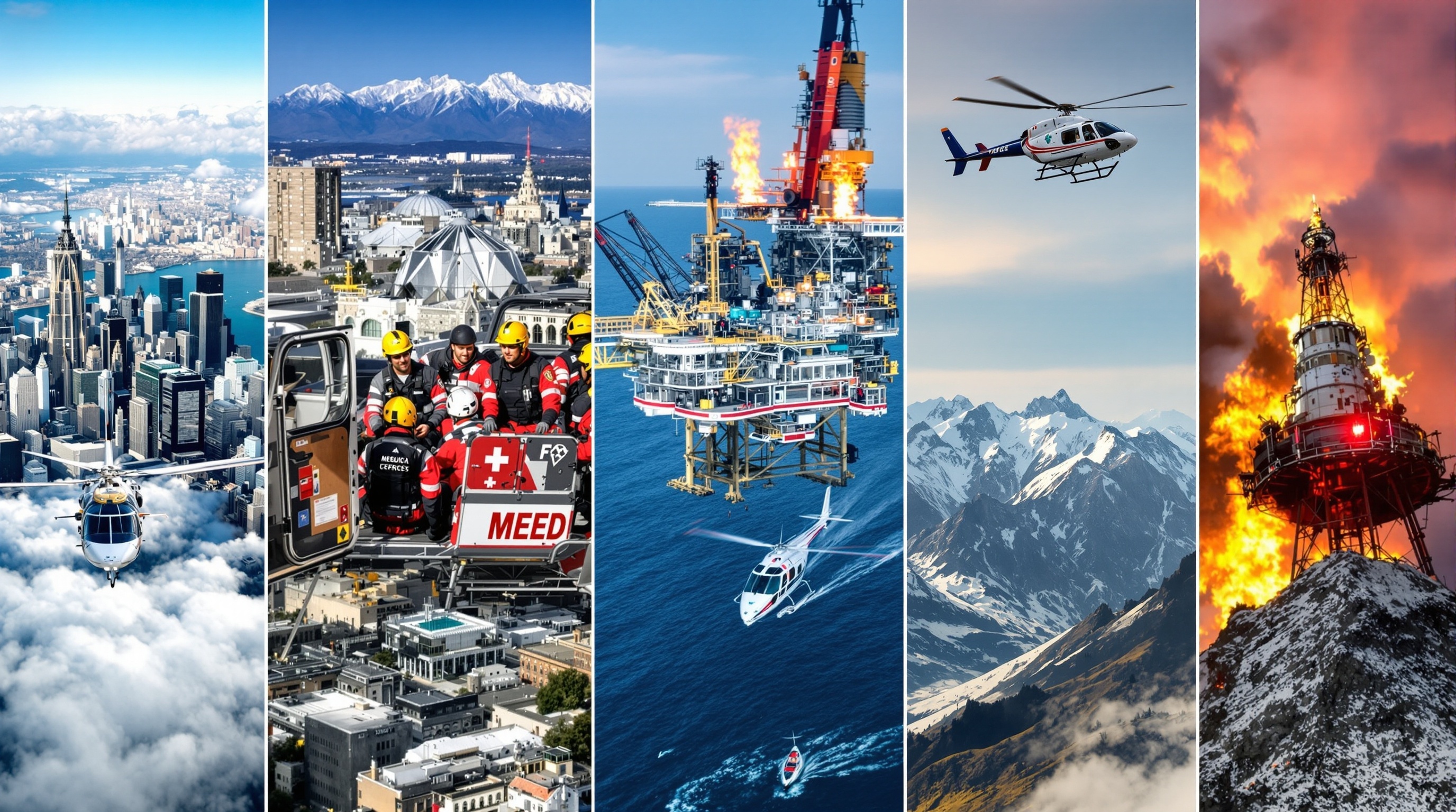 Comprehensive montage showing all helicopter applications including executive transport, medical evacuation, offshore operations, and search-and-rescue