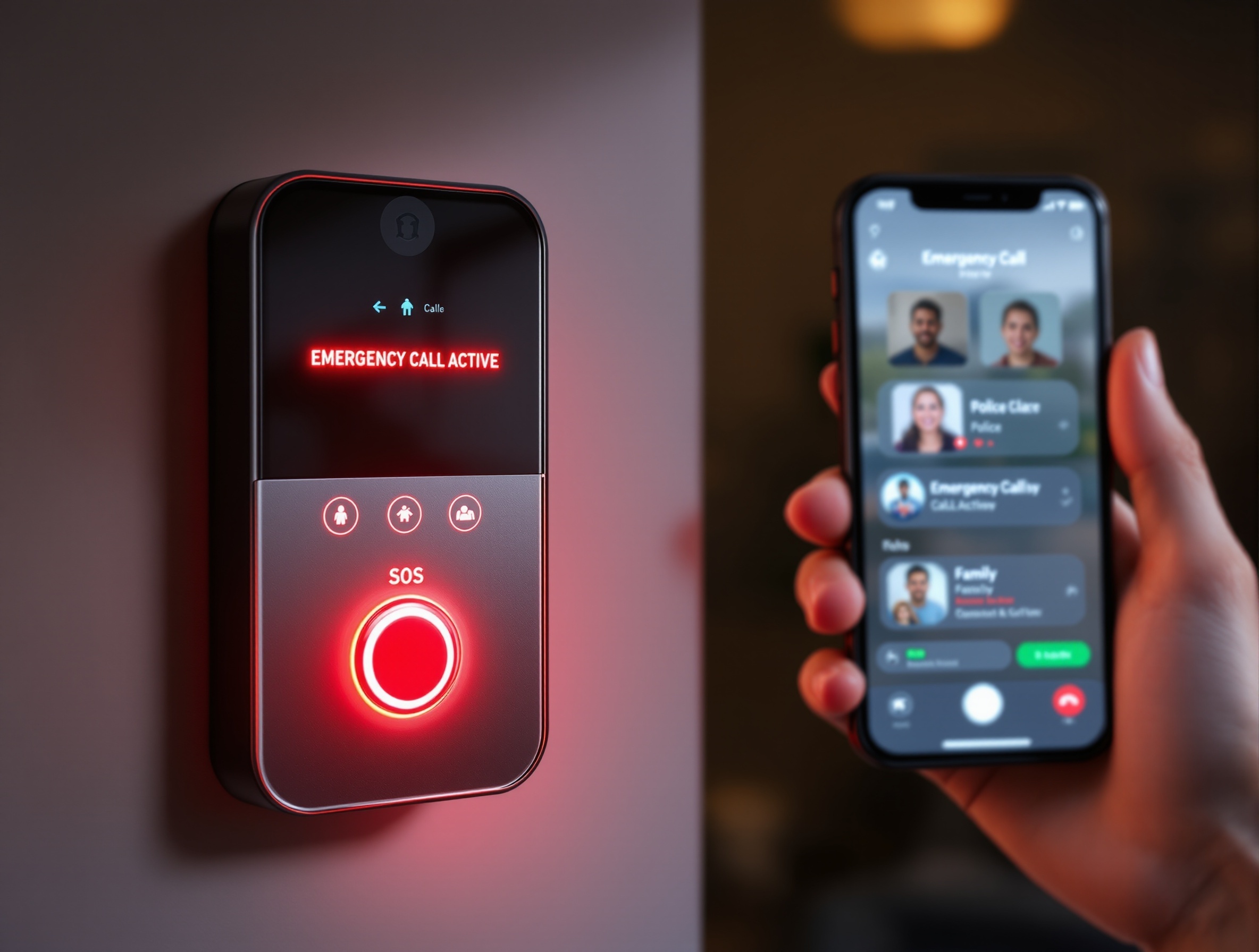Action shot of a smart video doorbell emergency call system in use. The 4.3-inch touchscreen displays "EMERGENCY CALL ACTIVE" with three contact icons (Police badge, Medical cross, Family icon) glowing in red. The red SOS button is illuminated and pressed. Split-screen composition showing the doorbell on the left and on the right side showing incoming emergency call notifications on a smartphone screen with contact photos. Dramatic lighting with red emergency glow, sense of urgency, professional product photography, realistic rendering, high contrast, 4K quality