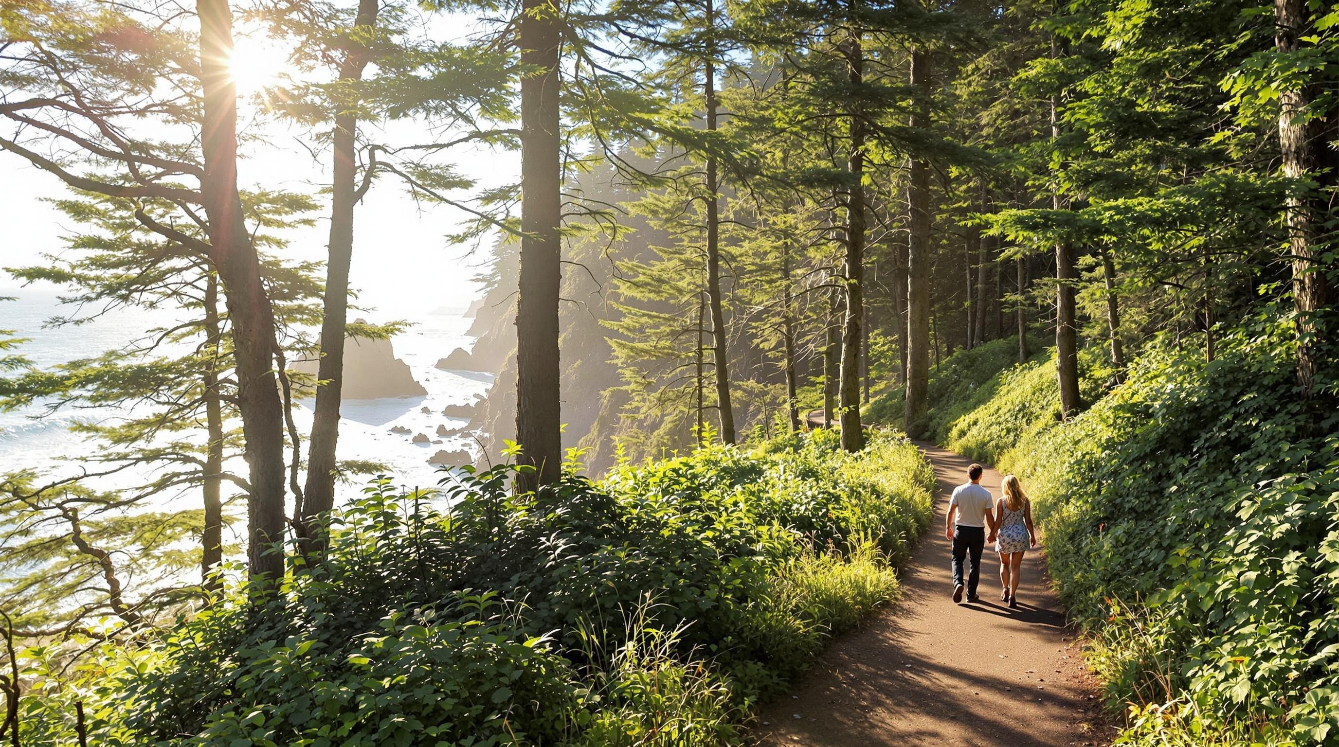 Scenic Oregon coast hiking trail with couple walking together