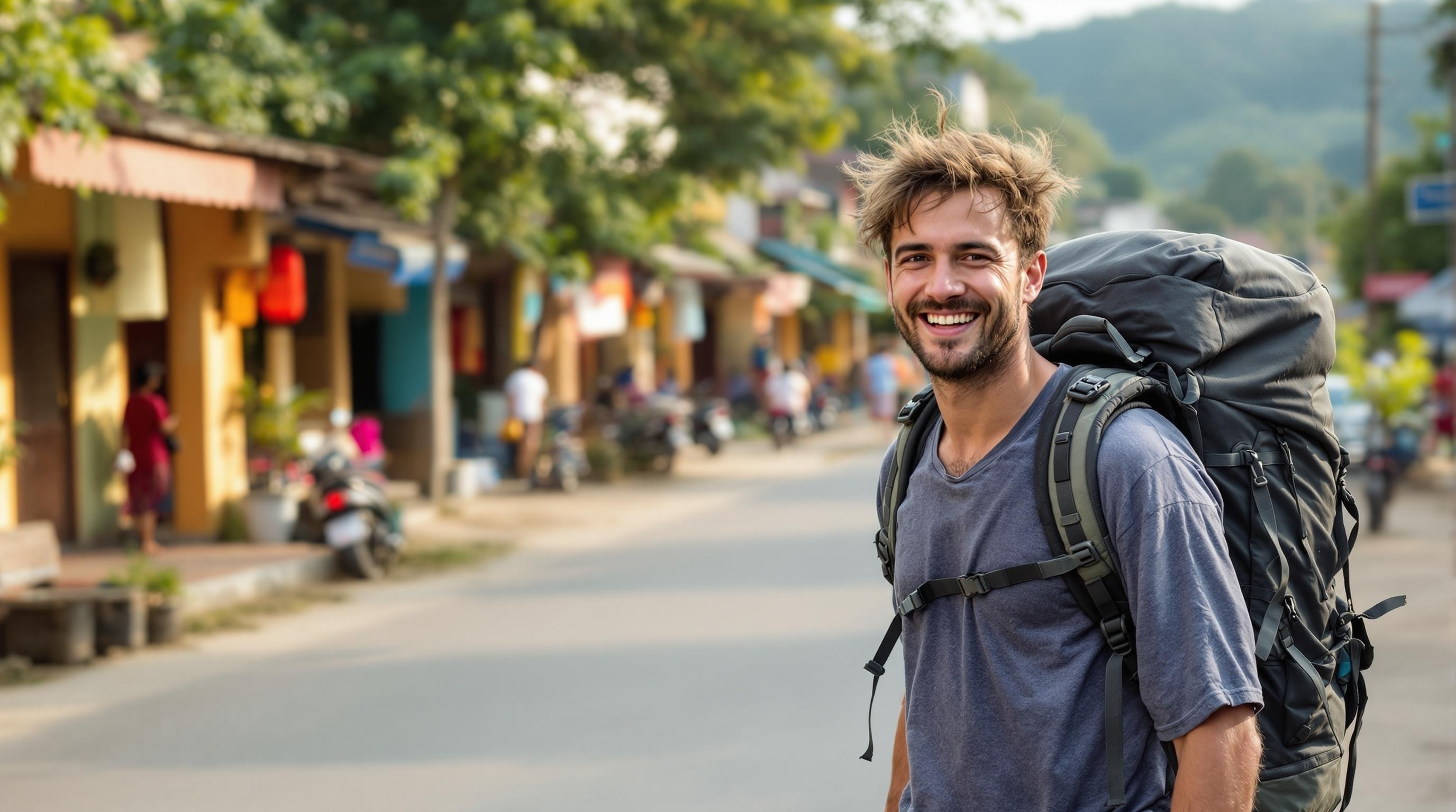 Solo backpacker walking through a Vietnamese village
