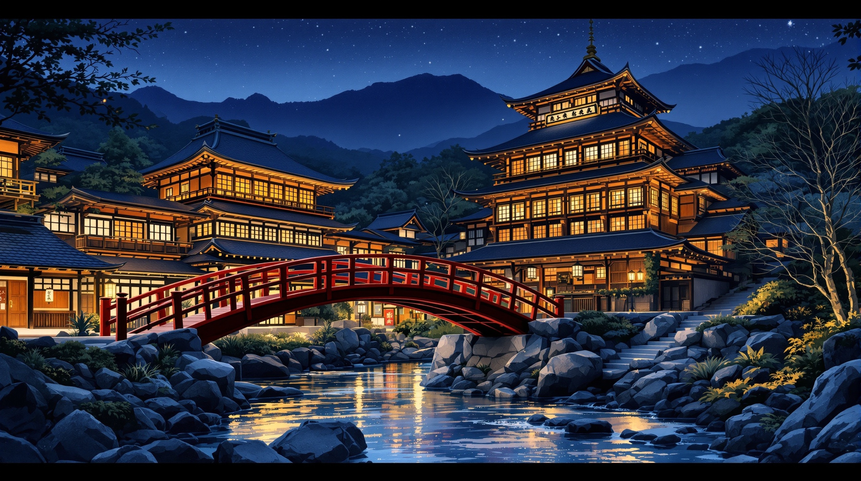 四万温泉積善館の象徴的な赤い慶雲橋と三階建て木造建築の夜景
