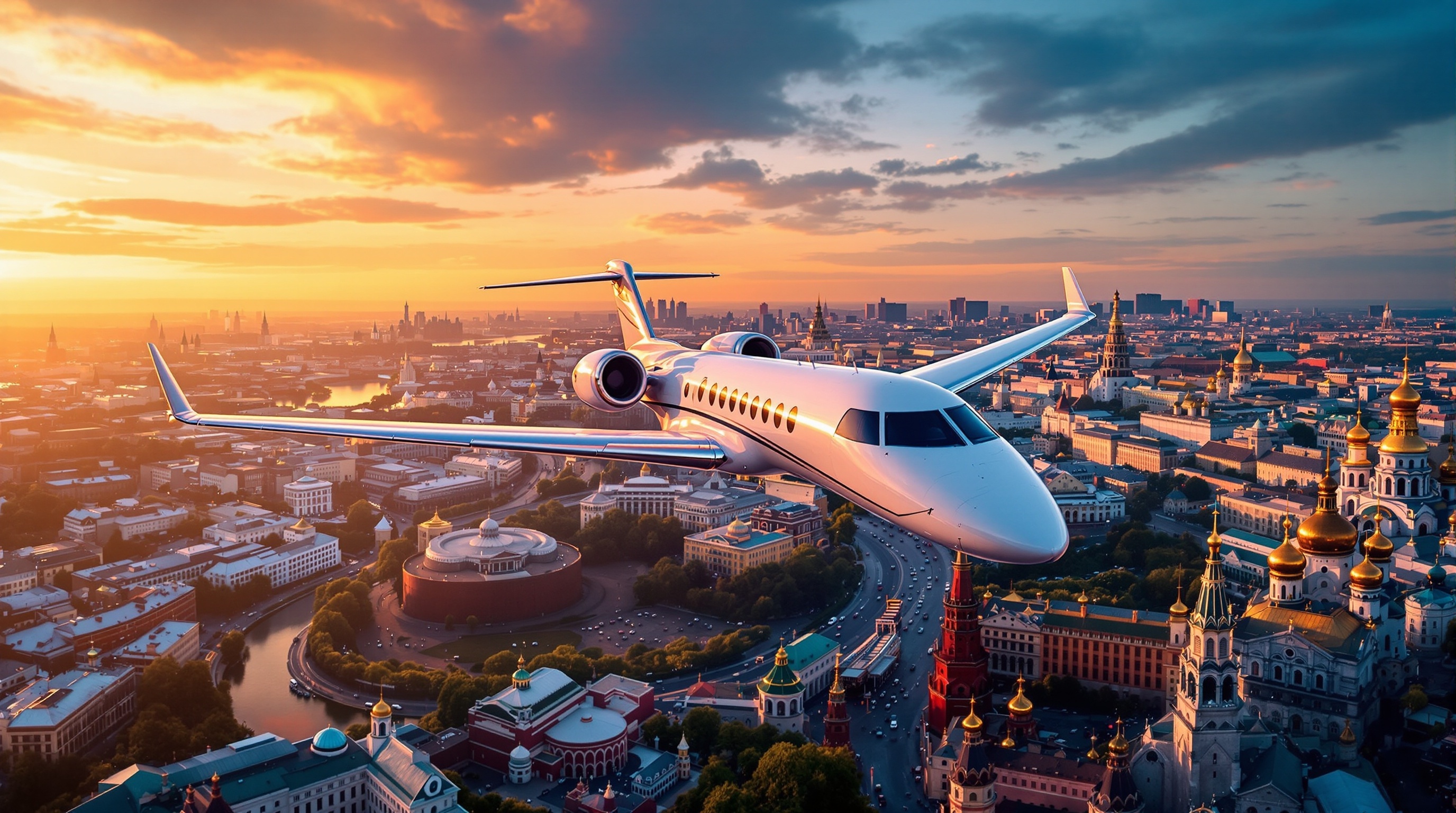 Luxury private jet flying over Moscow skyline