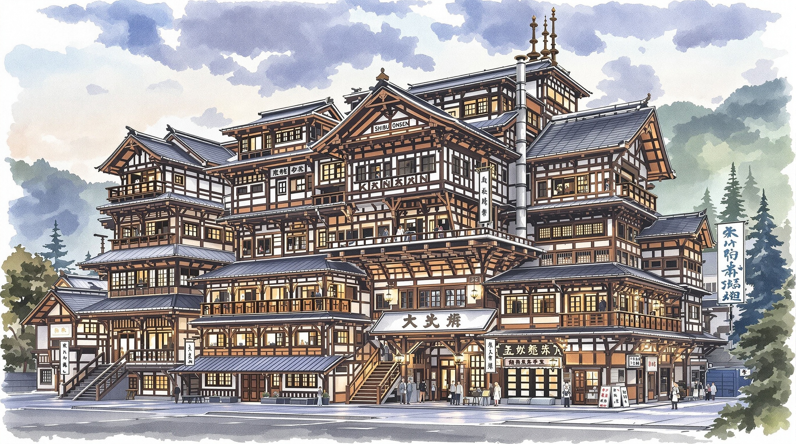 渋温泉金具屋の木造四階建て「斉月楼」、複雑な伝統建築と多数のバルコニーが特徴的な外観