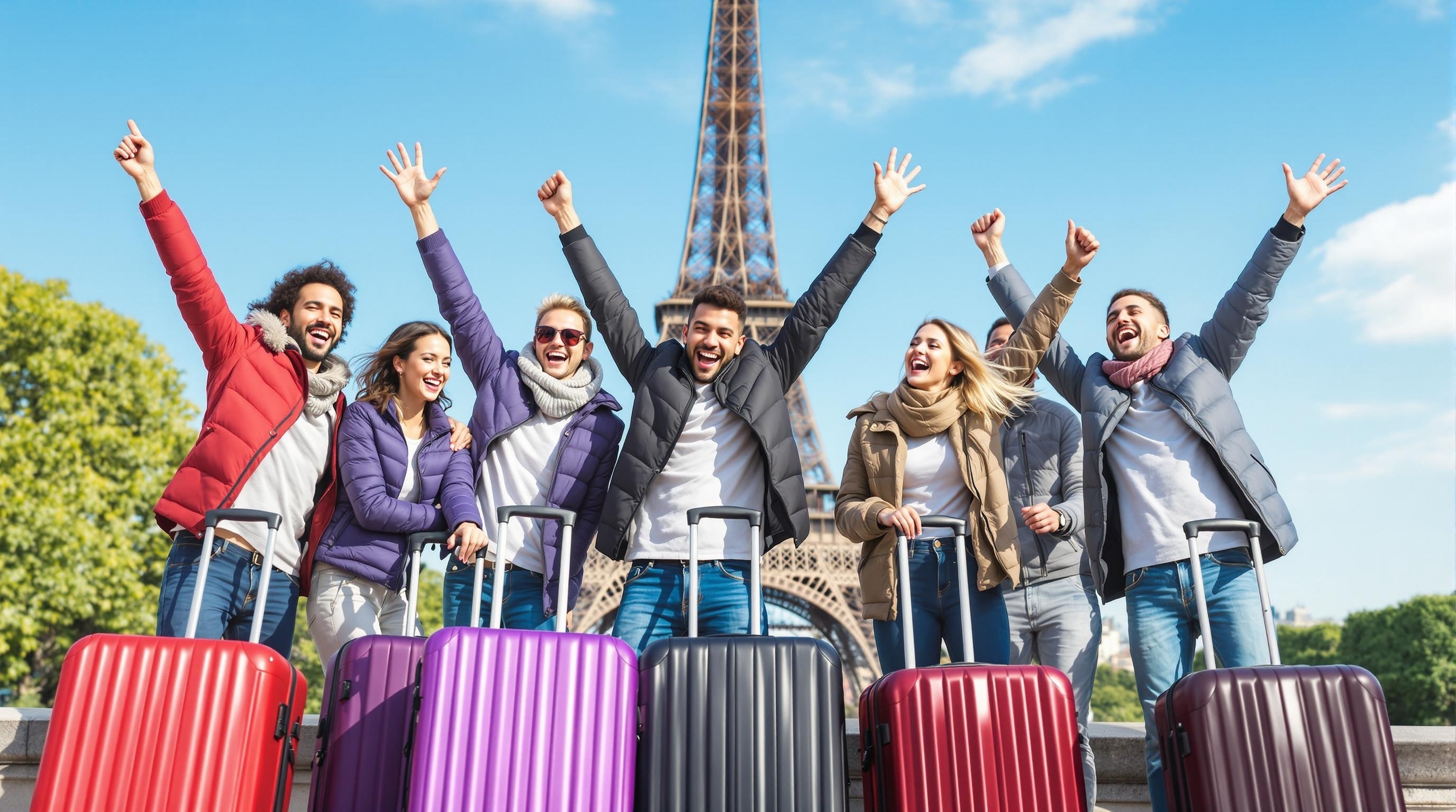 Group travelers celebrating with raised arms in front of Eiffel Tower in Paris