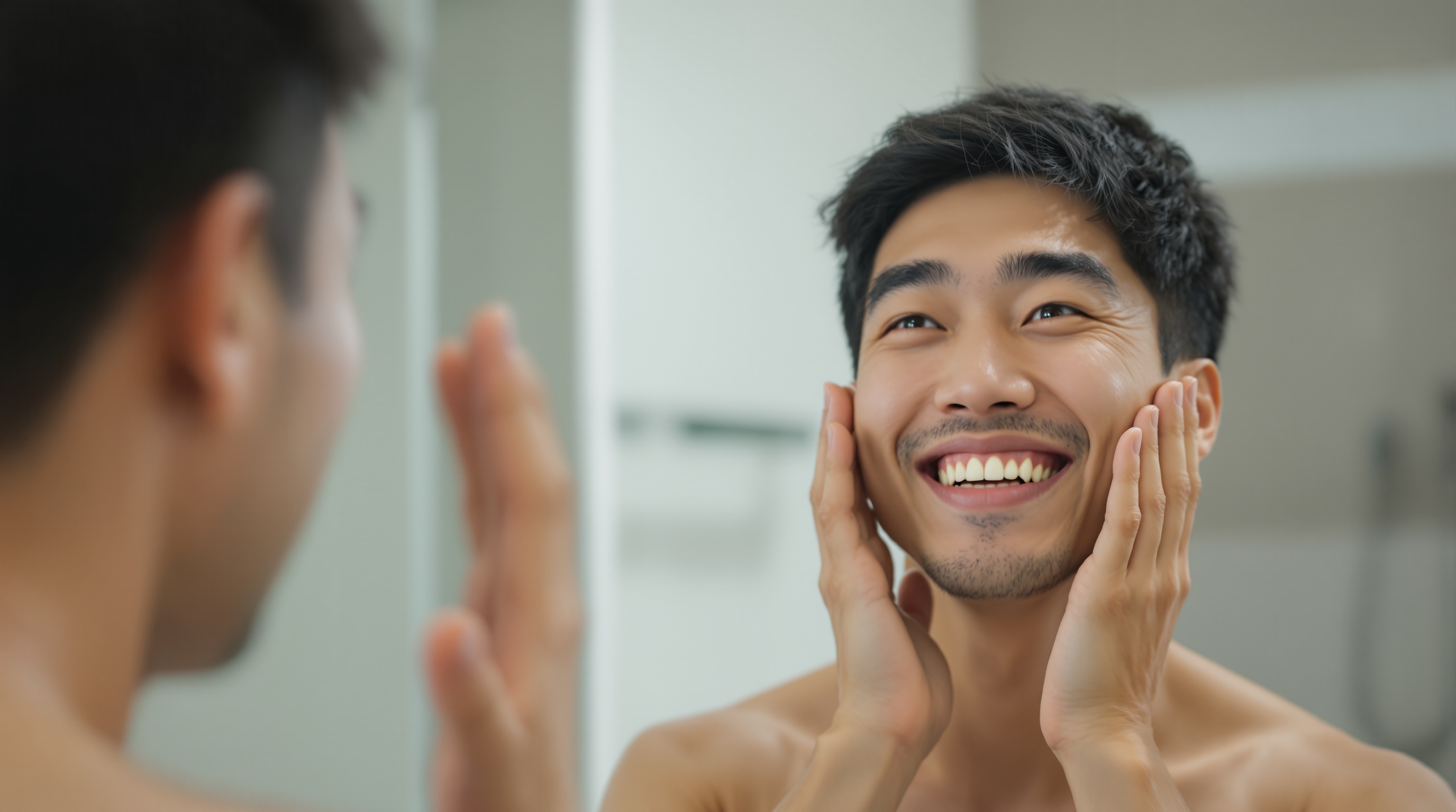 鏡で表情を確認する男性