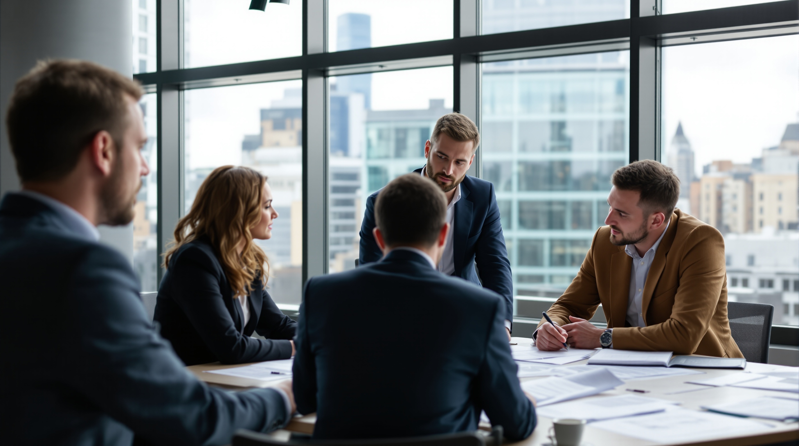 Professional team meeting in modern London surveying office