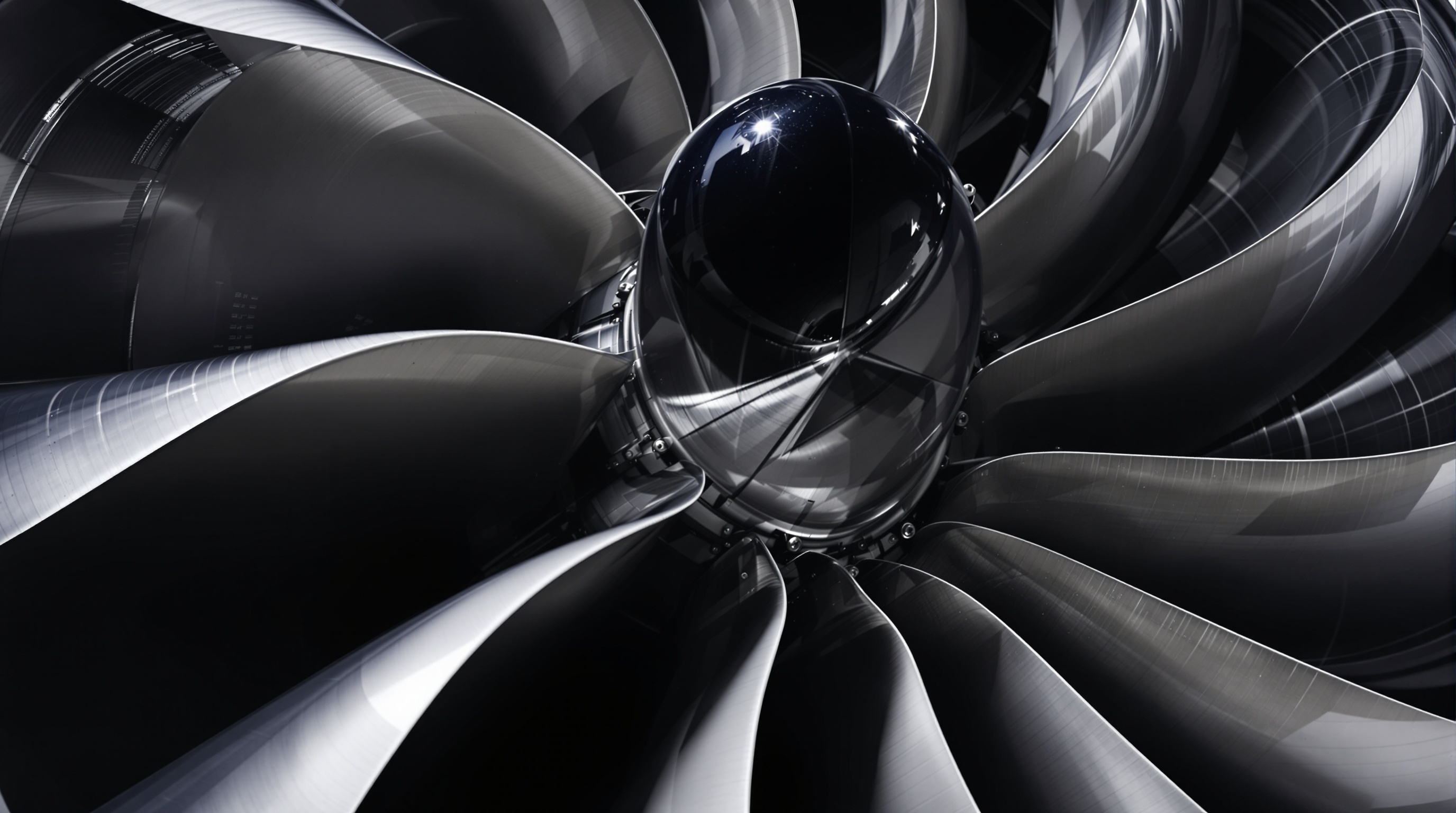 Close-up of modern turbofan engine fan section with titanium alloy blades, swept-back aerodynamic design, and nacelle intake lip