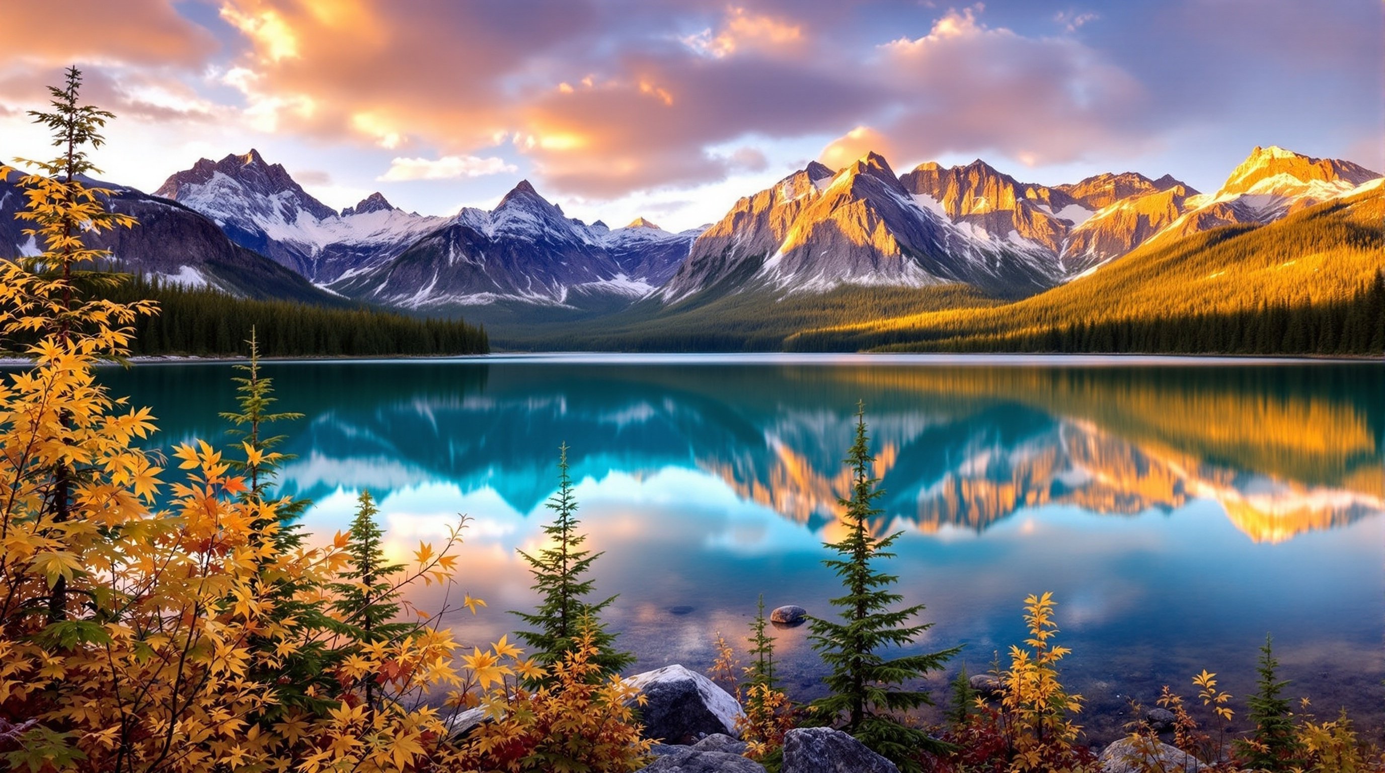 Canadian mountain lake reflection at golden hour