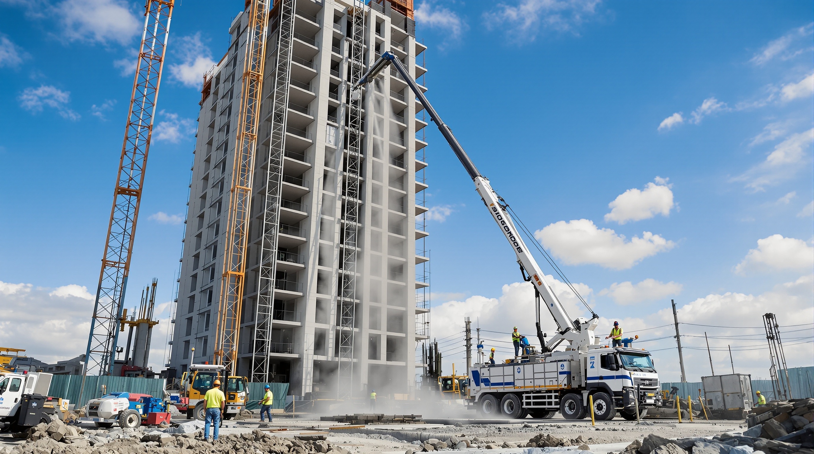 Equipamento moderno de bombeamento de concreto em ação com lança estendida