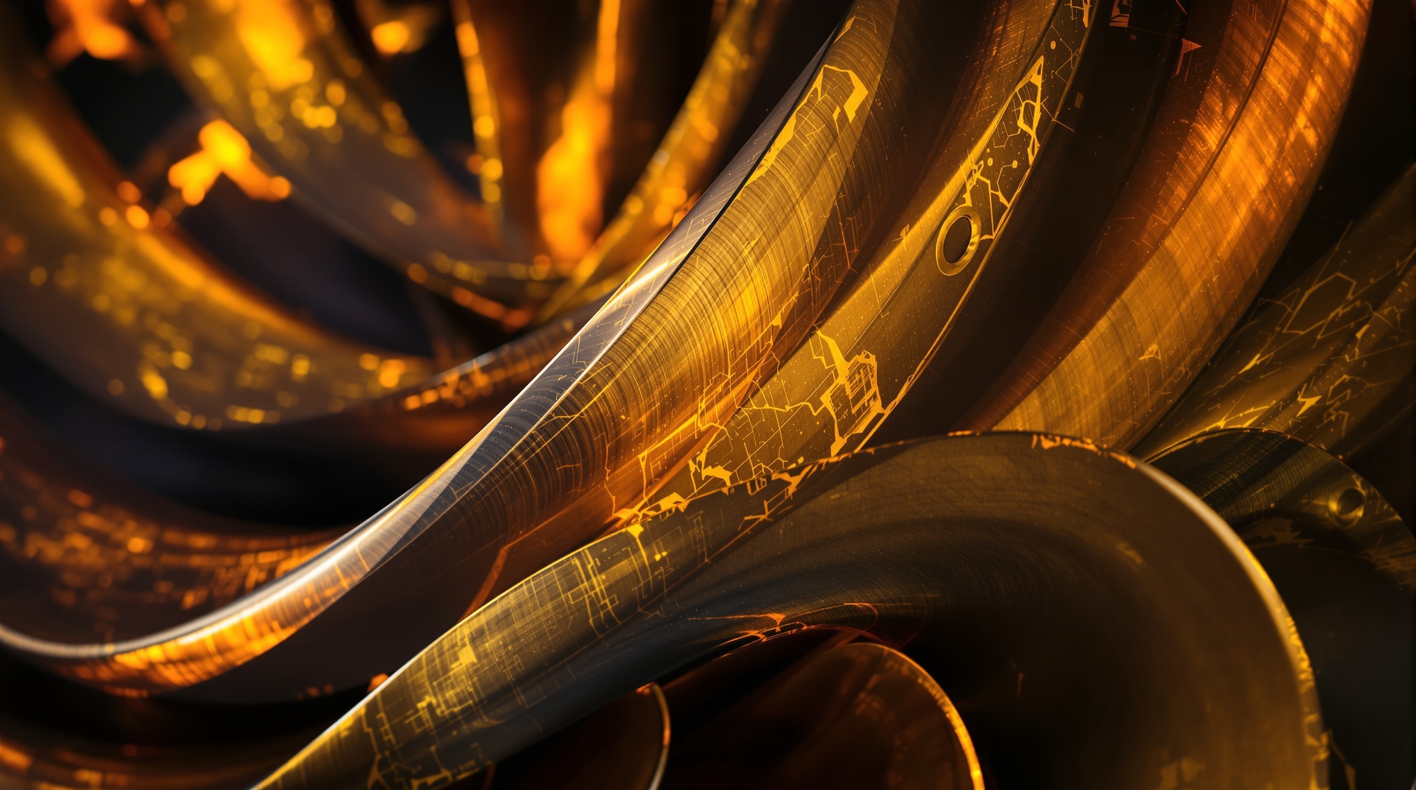 Extreme close-up of jet engine high-pressure turbine blades showing single-crystal construction, golden ceramic thermal barrier coating, visible cooling holes, and complex aerodynamic profiles